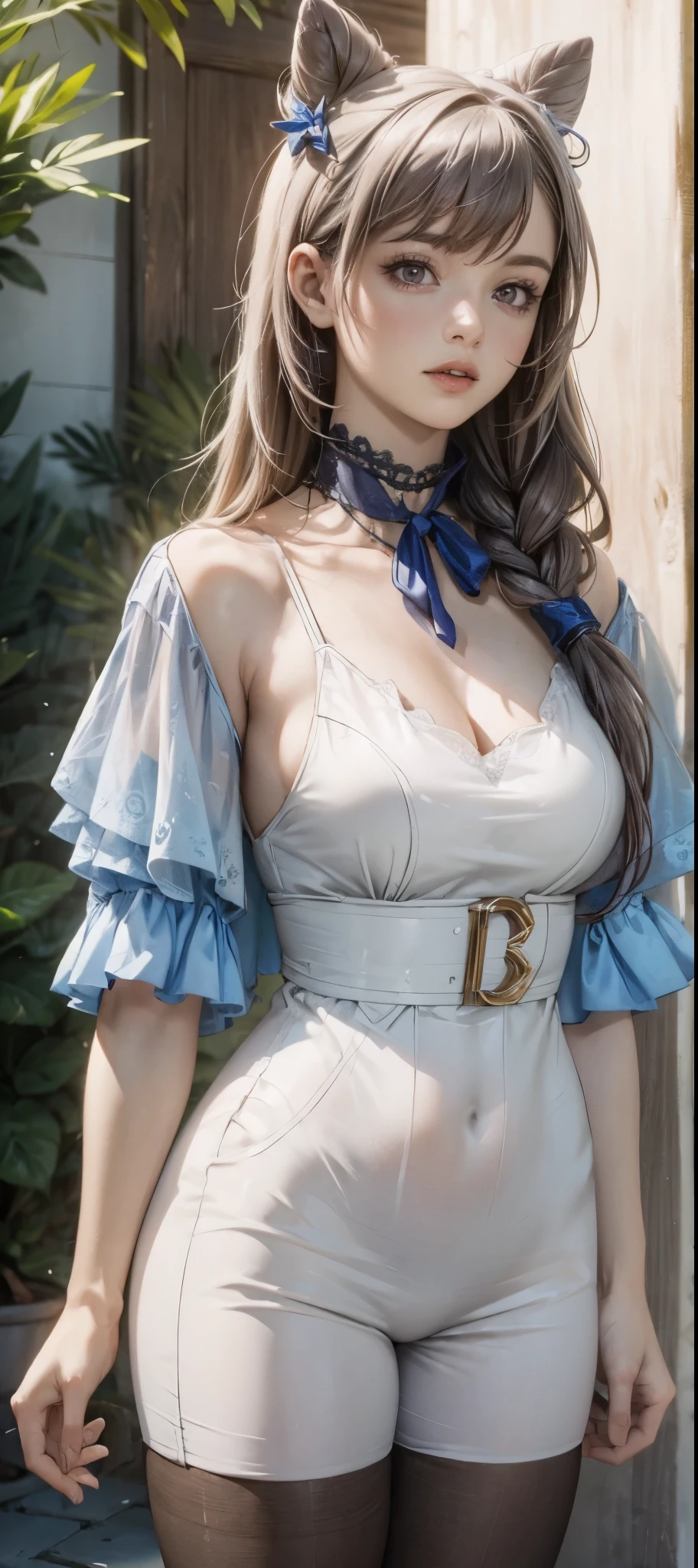 girl in summer clothes, white blouse, light blue shorts, pantyhose or long stockings, making like she wants to kiss you, view from viewer, medium breasts, cleavage, random backgroud, flirtatious look, ((very detailed)), (perfectly detailed face), (well detailed hand) photorealistic image.