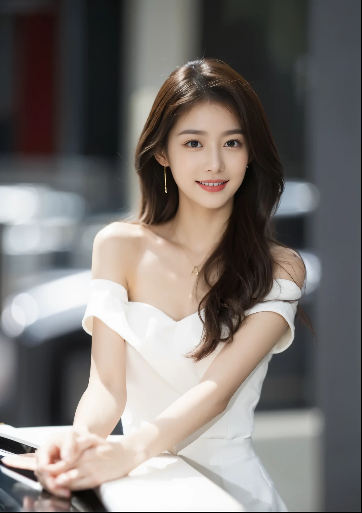 ((​Masterpiece, Top image quality, high resolution、alone、skin shiny))(on the table, best quality, actual, super detailed, meticulous, high resolution, 8k wallpaper), Close-up portrait of a beautiful woman, like, smiling, light brown messy hair, Perfect dynamic composition, 美丽meticulous的眼睛, Just like the cover of a fashion magazine, on campus，wearing gold glasses
