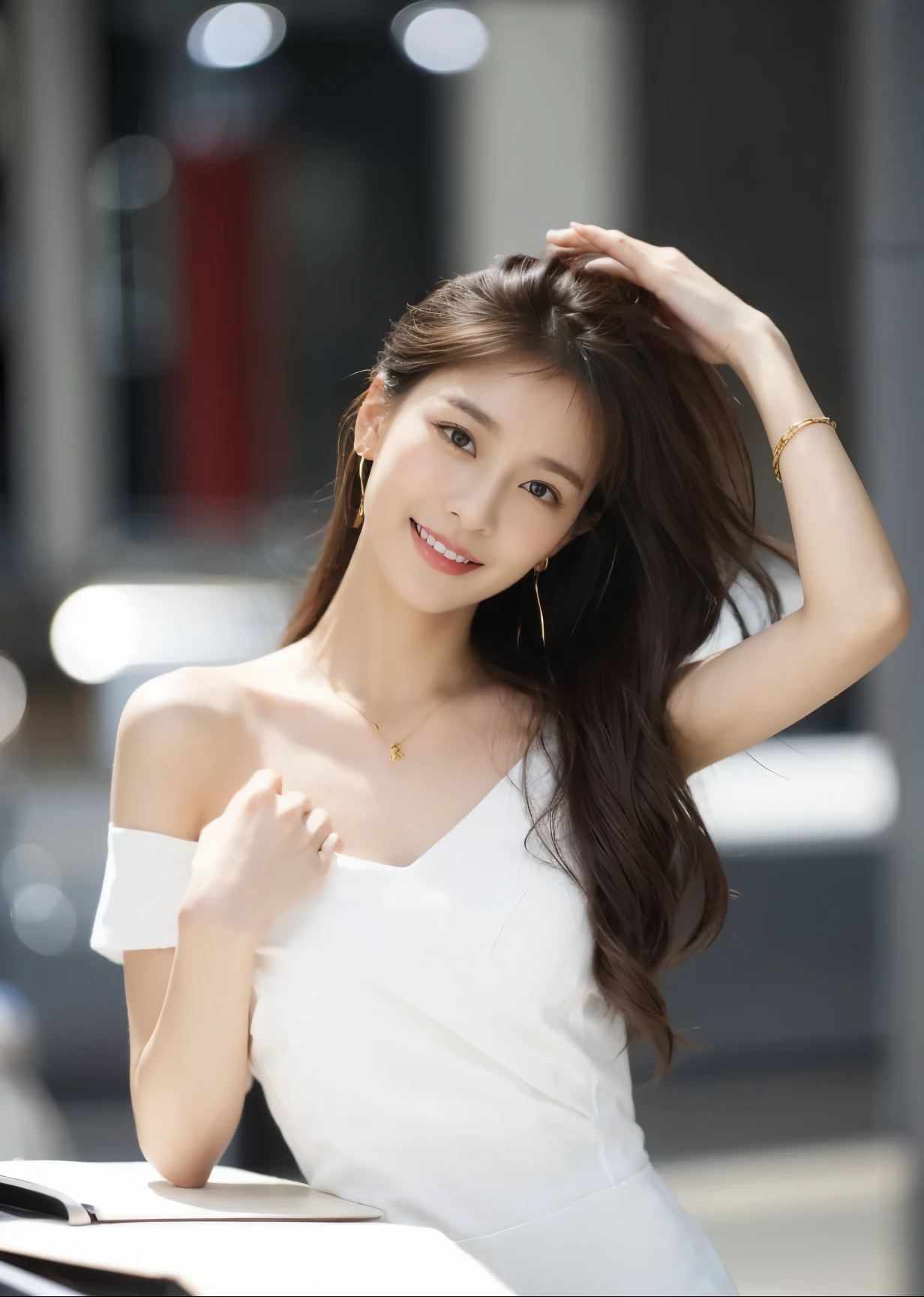 ((​Masterpiece, Top image quality, high resolution、alone、skin shiny))(on the table, best quality, actual, super detailed, meticulous, high resolution, 8k wallpaper), Close-up portrait of a beautiful woman, like, smiling, light brown messy hair, Perfect dynamic composition, 美丽meticulous的眼睛, Just like the cover of a fashion magazine, on campus，wearing gold glasses
