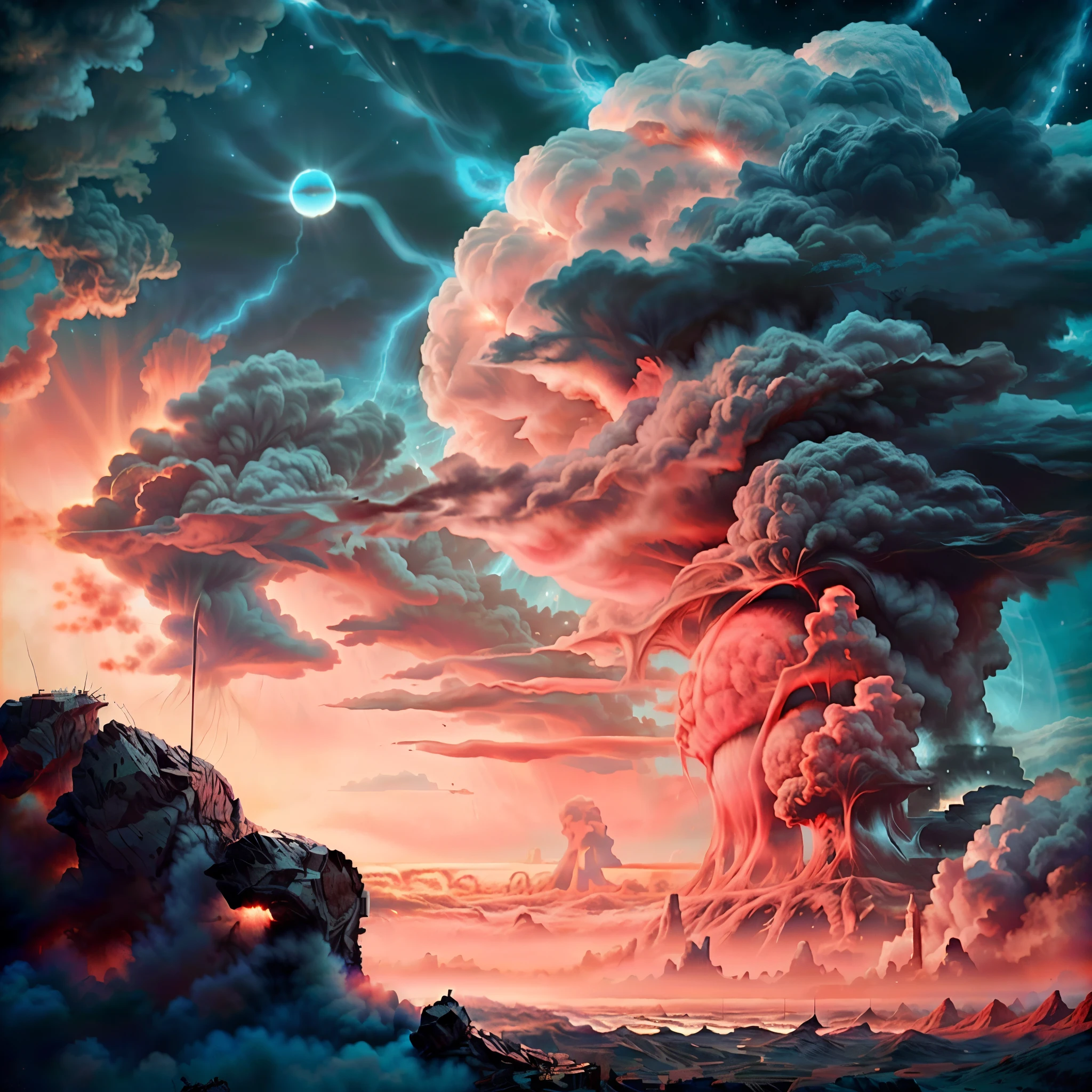 a hyper realistic close up of a nuclear explosion, una gran nube en el cielo, arte conceptual, Nube nuclear, Explosiones nucleares pintan el cielo, masterpiece, realismo, ruinas, radiation in iridescent effects