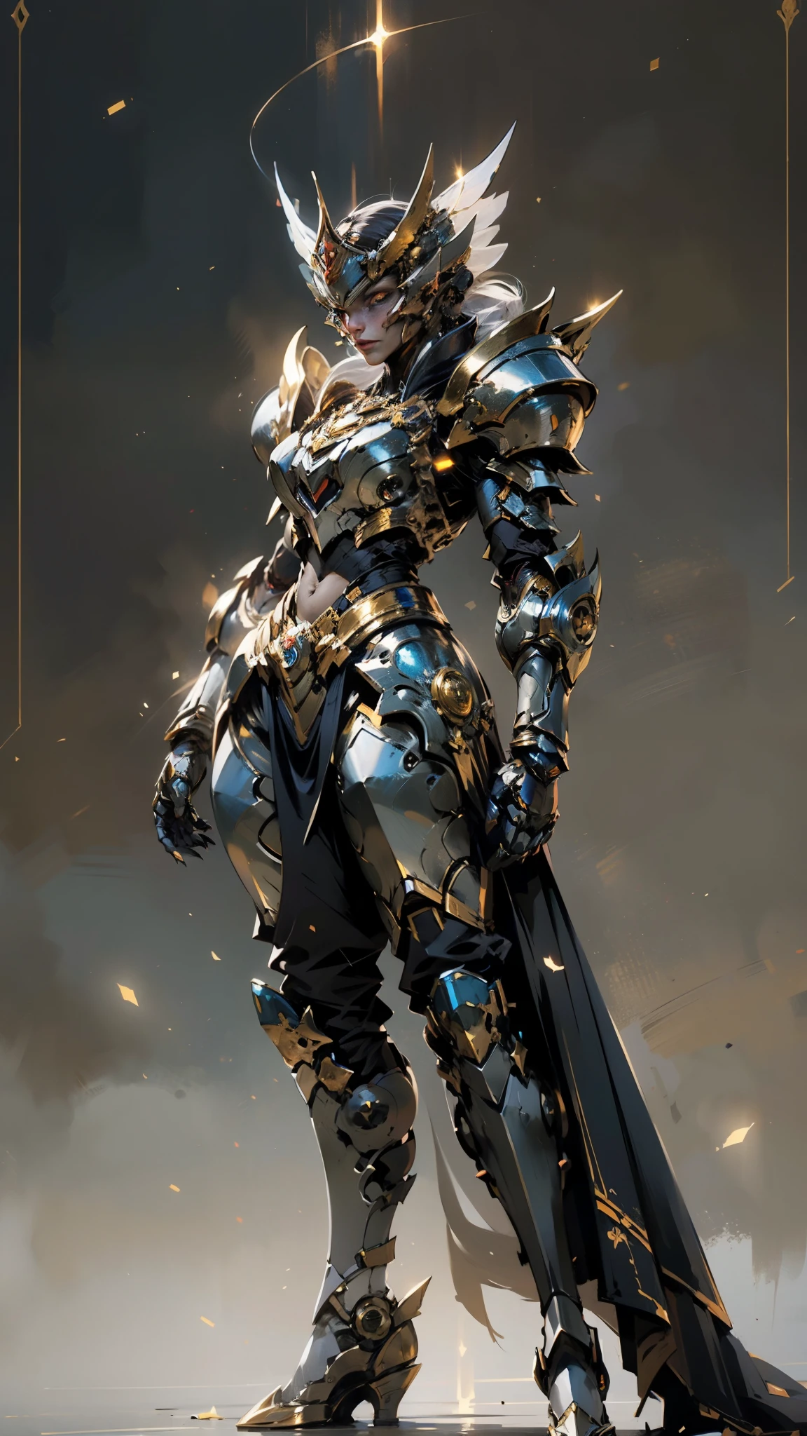 A woman adorned in fantasy-style full-body armor, a crown-concept fully enclosed helmet that unveils only her eyes, a composite layered chest plate, fully encompassing shoulder and hand guards, a lightweight waist armor, form-fitting shin guards, the overall design is heavy-duty yet flexible, (the armor gleams with a golden glow, complemented by red and blue accents), exhibiting a noble aura, she floats above a fantasy-surreal high-tech city, this character embodies a finely crafted fantasy-surreal style armored hero in anime style, exquisite and mature manga art style, (mixture of Queen bee and Spider concept Armor, plasma), ((Element, elegant, goddess, femminine:1.5)), metallic, high definition, best quality, highres, ultra-detailed, ultra-fine painting, extremely delicate, professional, anatomically correct, symmetrical face, extremely detailed eyes and face, high quality eyes, creativity, RAW photo, UHD, 32k, Natural light, cinematic lighting, masterpiece-anatomy-perfect, masterpiece:1.5