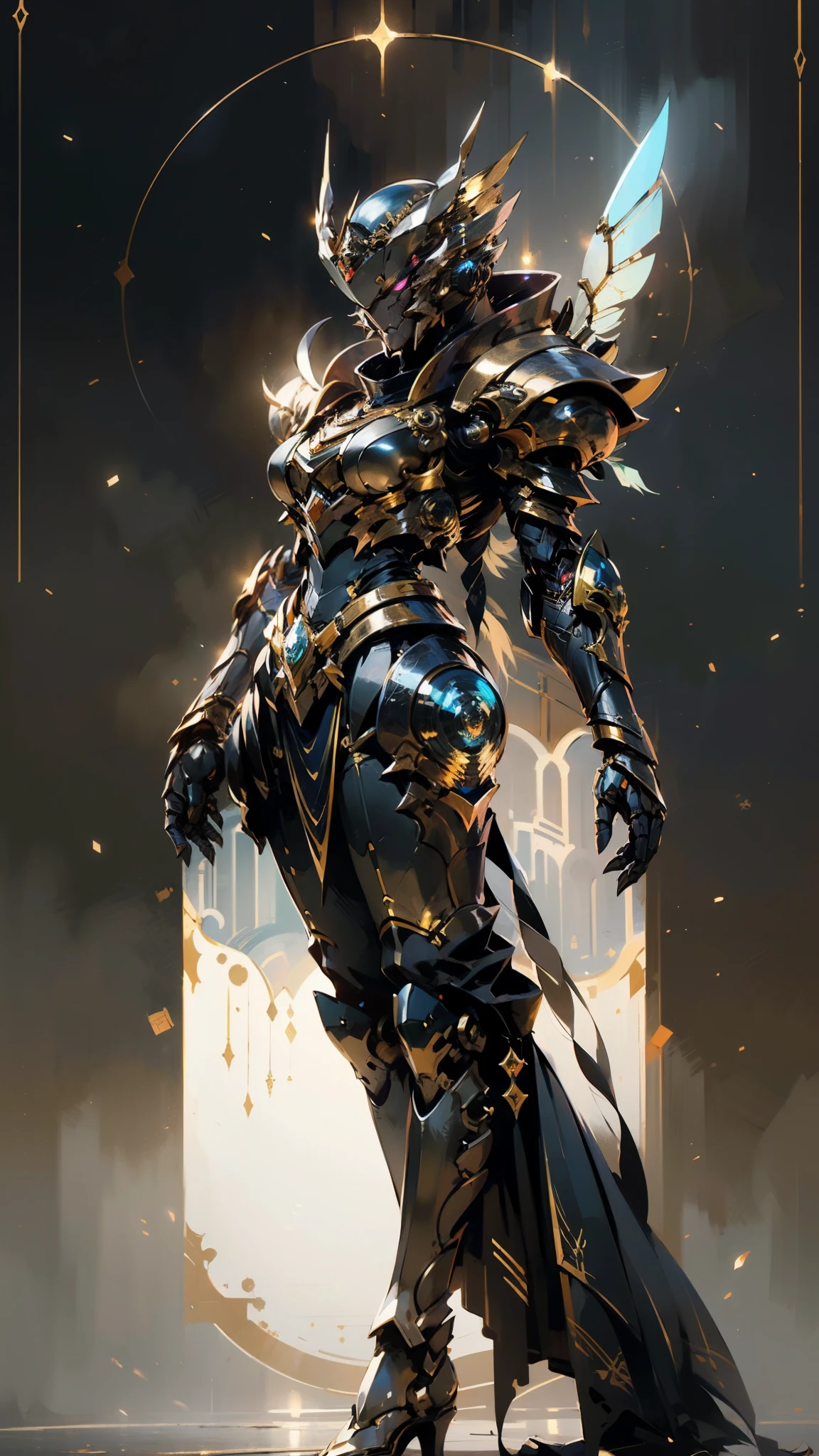 A woman adorned in fantasy-style full-body armor, a crown-concept fully enclosed helmet that unveils only her eyes, a composite layered chest plate, fully encompassing shoulder and hand guards, a lightweight waist armor, form-fitting shin guards, the overall design is heavy-duty yet flexible, (the armor gleams with a golden glow, complemented by red and blue accents), exhibiting a noble aura, she floats above a fantasy-surreal high-tech city, this character embodies a finely crafted fantasy-surreal style armored hero in anime style, exquisite and mature manga art style, (mixture of Queen bee and Spider concept Armor, plasma), ((Element, elegant, goddess, femminine:1.5)), metallic, high definition, best quality, highres, ultra-detailed, ultra-fine painting, extremely delicate, professional, anatomically correct, symmetrical face, extremely detailed eyes and face, high quality eyes, creativity, RAW photo, UHD, 32k, Natural light, cinematic lighting, masterpiece-anatomy-perfect, masterpiece:1.5