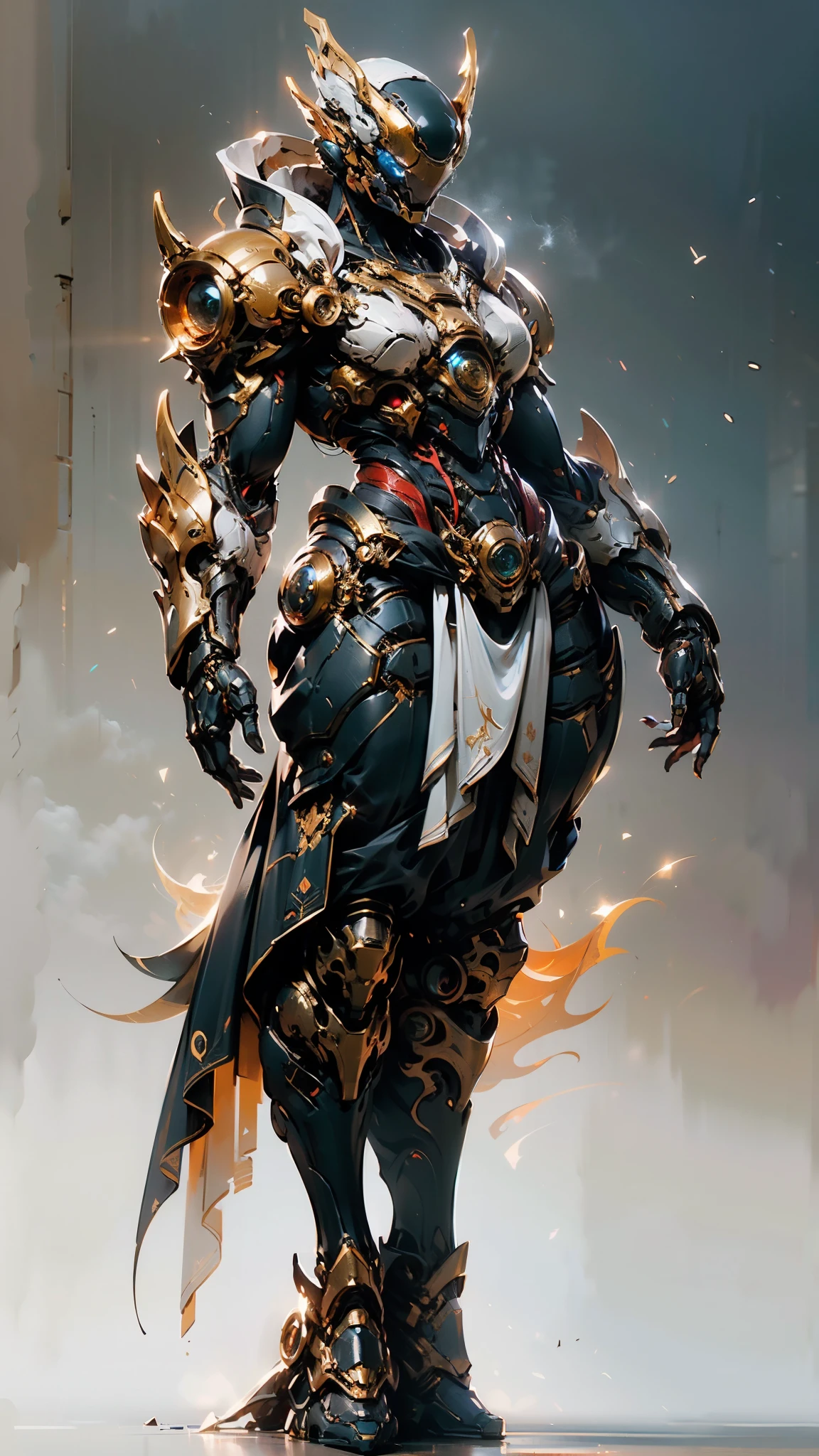 A woman adorned in fantasy-style full-body armor, a crown-concept fully enclosed helmet that unveils only her eyes, a composite layered chest plate, fully encompassing shoulder and hand guards, a lightweight waist armor, form-fitting shin guards, the overall design is heavy-duty yet flexible, (the armor gleams with a golden glow, complemented by red and blue accents), exhibiting a noble aura, she floats above a fantasy-surreal high-tech city, this character embodies a finely crafted fantasy-surreal style armored hero in anime style, exquisite and mature manga art style, (mixture of Queen bee and Spider concept Armor, plasma), ((Element, elegant, goddess, femminine:1.5)), metallic, high definition, best quality, highres, ultra-detailed, ultra-fine painting, extremely delicate, professional, anatomically correct, symmetrical face, extremely detailed eyes and face, high quality eyes, creativity, RAW photo, UHD, 32k, Natural light, cinematic lighting, masterpiece-anatomy-perfect, masterpiece:1.5