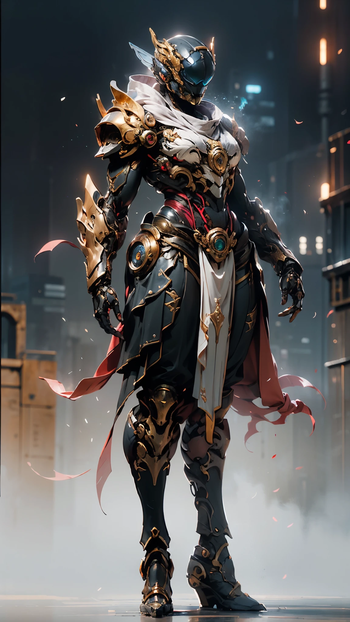 A woman adorned in fantasy-style full-body armor, a crown-concept fully enclosed helmet that unveils only her eyes, a composite layered chest plate, fully encompassing shoulder and hand guards, a lightweight waist armor, form-fitting shin guards, the overall design is heavy-duty yet flexible, (the armor gleams with a golden glow, complemented by red and blue accents), exhibiting a noble aura, she floats above a fantasy-surreal high-tech city, this character embodies a finely crafted fantasy-surreal style armored hero in anime style, exquisite and mature manga art style, (mixture of Queen bee and Spider concept Armor, plasma), ((Element, elegant, goddess, femminine:1.5)), metallic, high definition, best quality, highres, ultra-detailed, ultra-fine painting, extremely delicate, professional, anatomically correct, symmetrical face, extremely detailed eyes and face, high quality eyes, creativity, RAW photo, UHD, 32k, Natural light, cinematic lighting, masterpiece-anatomy-perfect, masterpiece:1.5