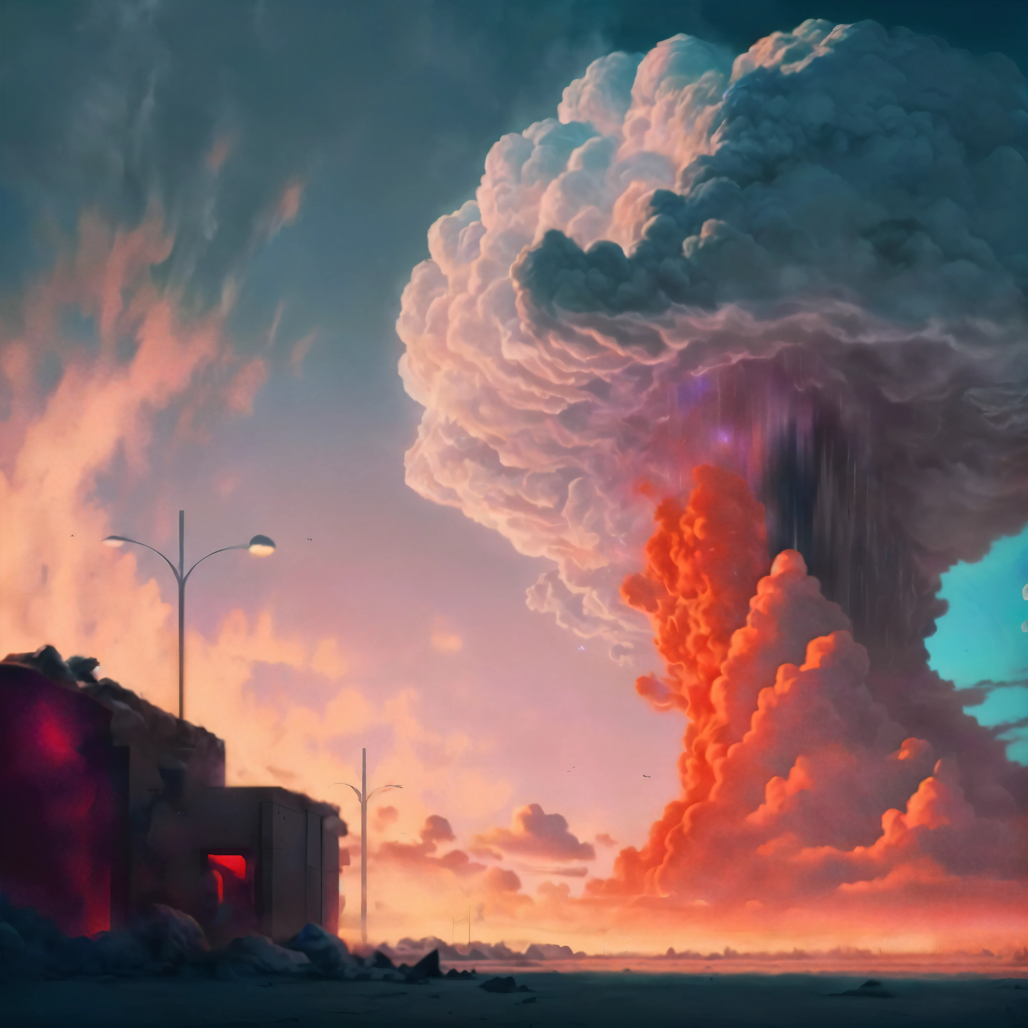 a hyper realistic close up of a nuclear explosion., una gran nube en el cielo, arte conceptual, Nube nuclear, Explosiones nucleares pintan el cielo, Obra maestra, realismo, ruinas, radiation in iridescent effects
