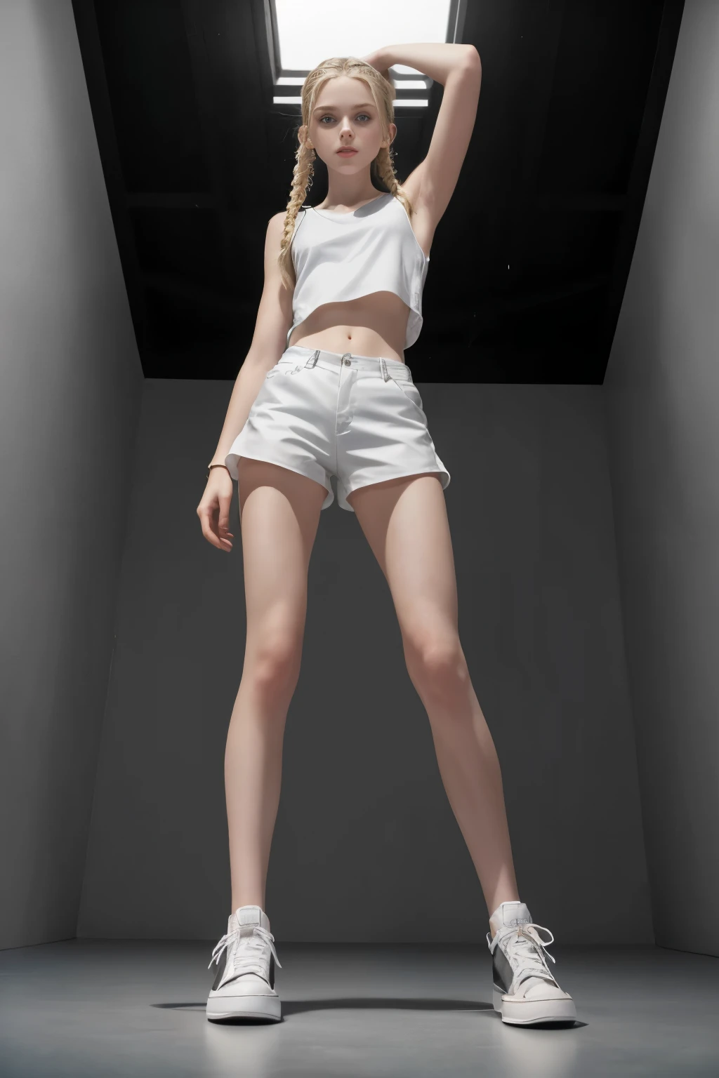 masterpiece, best quality, hyperrealistic, cinematic photo,  girl, pale skin, American amazing slim body, Tight white tanktop, white boxing shorts, black converse shoes, long blonde braids, right arm up, perfect slender legs, wide hips, perfect hands, beautiful face, perfect face, youthful, (blured background), modern style, from below, (low-angle shoot), low_angle_human, towering, (full body shot), standing, underneath shot, (view viewer), looking at viewer,(8k, epic composition, photorealistic, sharp focus), detailed background, inside illumination, on a box ring, DSLR, foil grain, backlight