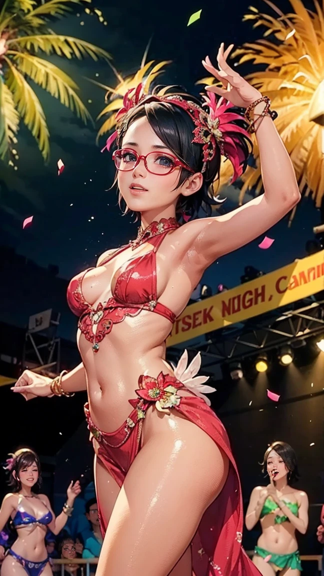 (best quality,4k,8k,highres,masterpiece:1.2),ultra-detailed, detailed portrait,beautiful detailed eyes,beautiful detailed lips,extremely detailed eyes and face,long eyelashes,((small breasts, black eyes),Sarada Uchiha,uchiha sarada,short hair,glasses,black eyes,pink lipstick),(wearing samba dance dress,carnival party,vibrant colors,energetic atmosphere,night time scene),crowd of people,dancing,celebration,confetti,fireworks,glamorous stage lighting,party atmosphere,joyful expression,confident posture,sparkling jewelry,feather headpiece,carnival masks,smoky makeup,intense focus,latin music beats,samba dancers,energetic dance moves,cheering crowd,spectacular performance,emotional connection,exhilarating energy,memorable experience,unforgettable night