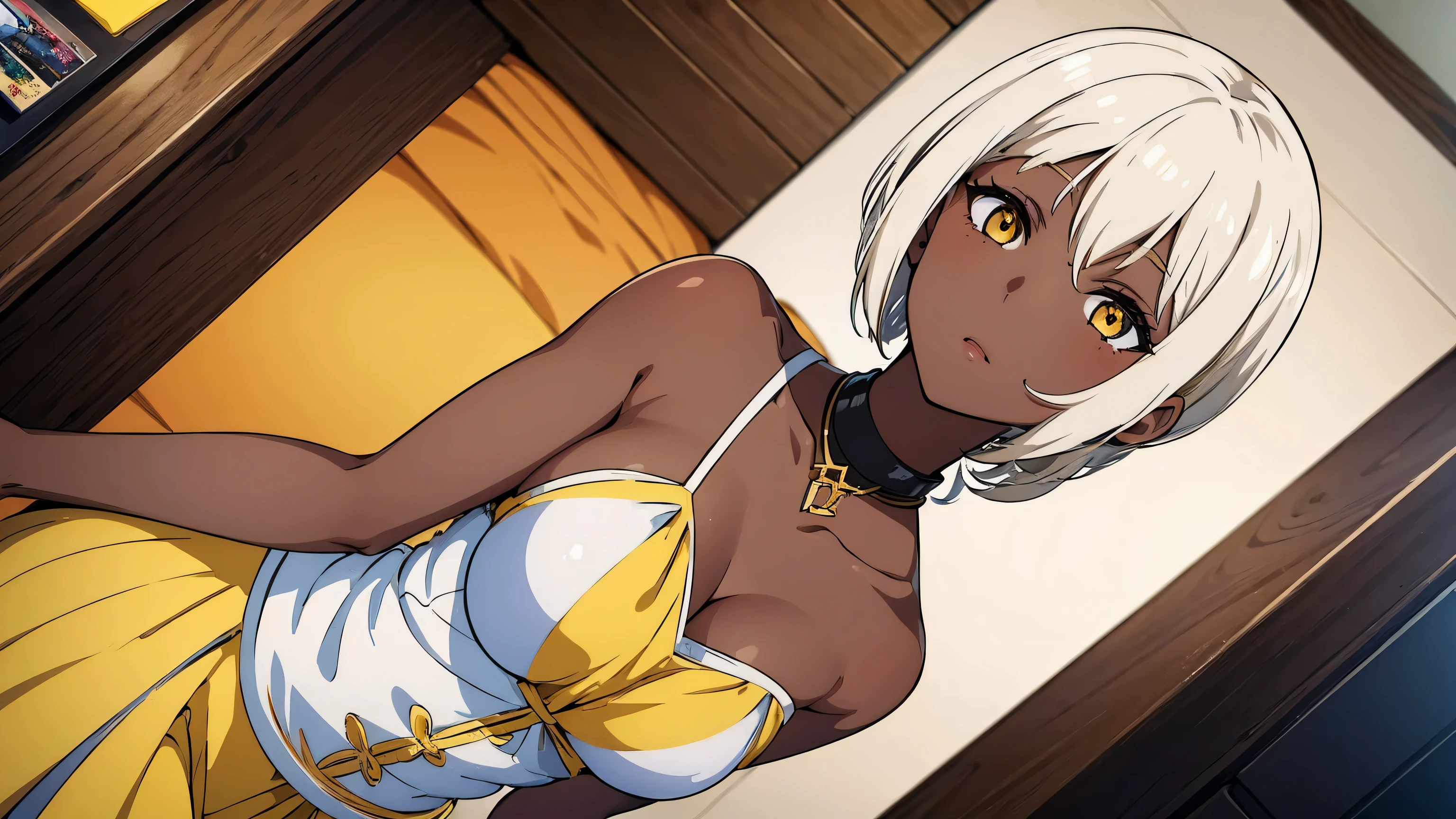 (((dark brown skin))), Yellow eye color, gray hair color, short hairstyle, ((gal fashion)),30 year old female, anime character, (one person), play games, inside the room