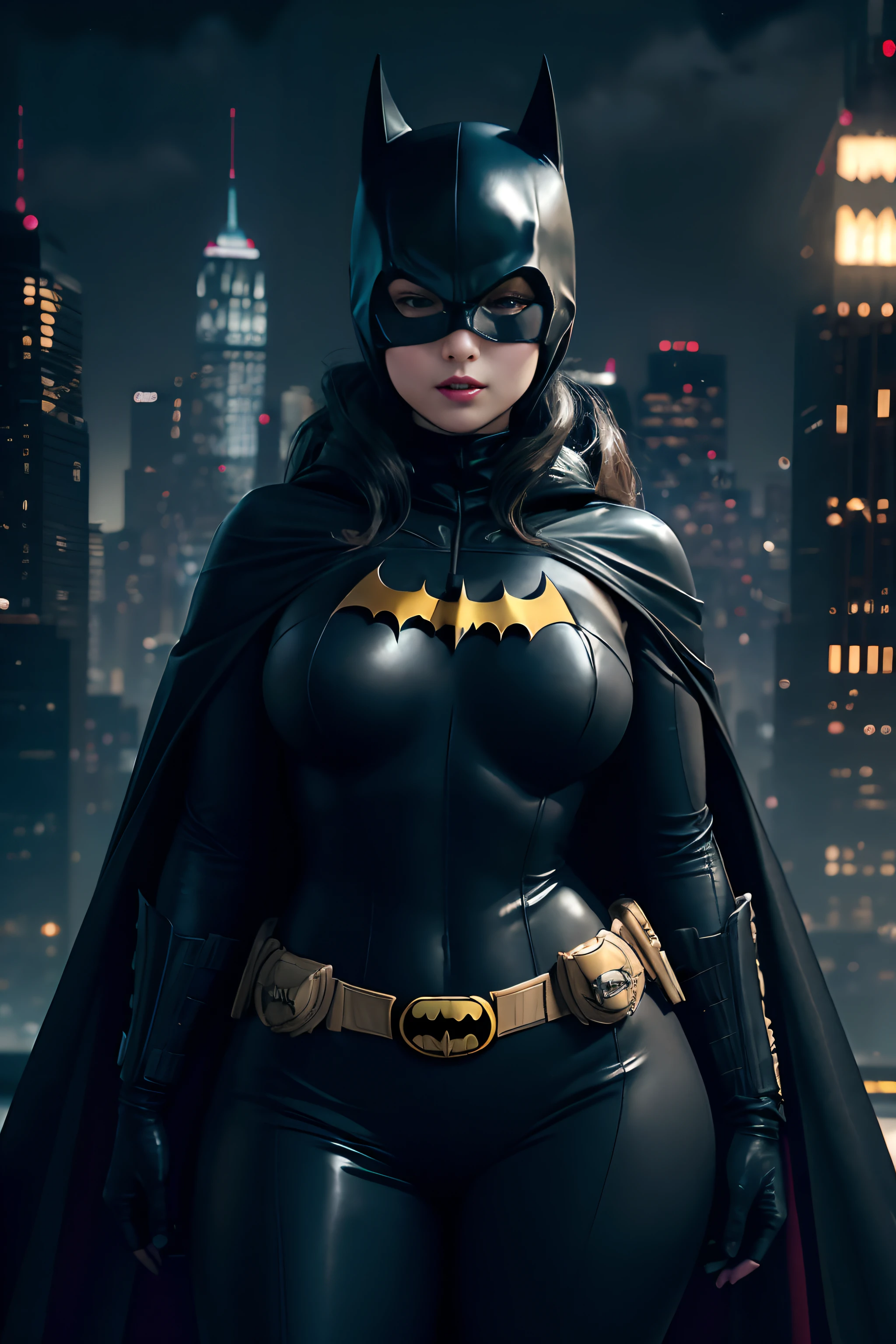 batman cosplaying in a black latex suit and cape, batgirl, anigirl batman, nighttime in gotham city, thicc, cosplay on black harley queen, cat woman, selina, fat batman, cassandra cain in satin, gotham city style, ross tran 8 k, catwoman, batman, full-cosplay, batwoman, maika monroe batgirl, cassandra cain, full costume