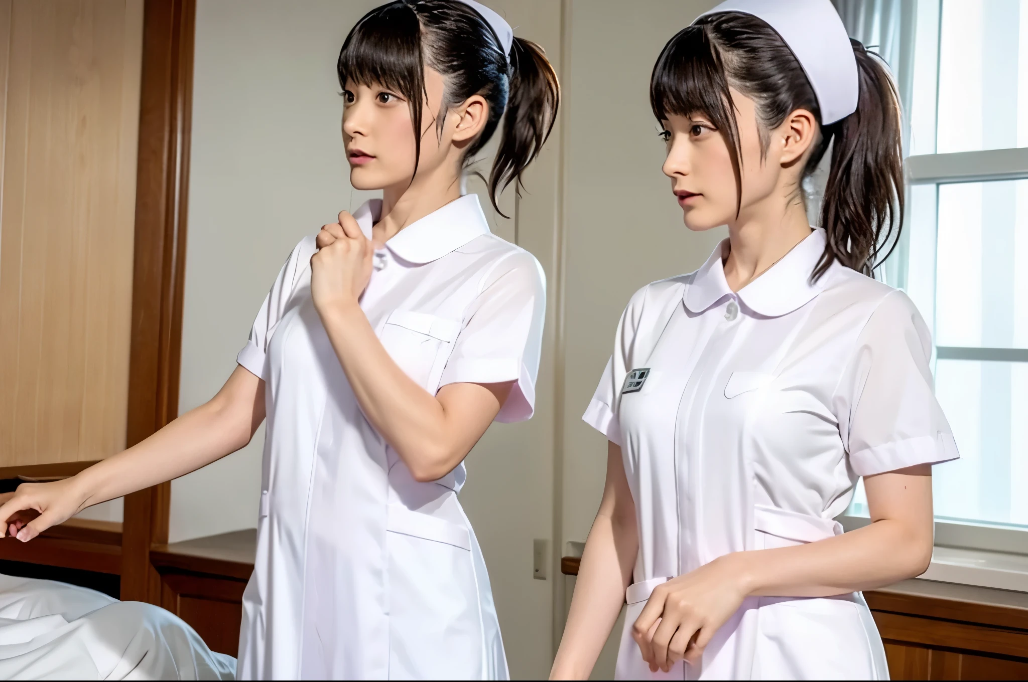 ((masterpiece, highest quality, Super detailed)),princess cut, dull bangs,beauty, one japanese girl, Nurse師, perfect anatomy, black hair, up style, Nurse師 uniform, ((nurse cap)), long skirt, Nurse, white costume, slender, hospital, clear, gloves, white uniform, white gloves, hospital room, Stethoscope on neck,