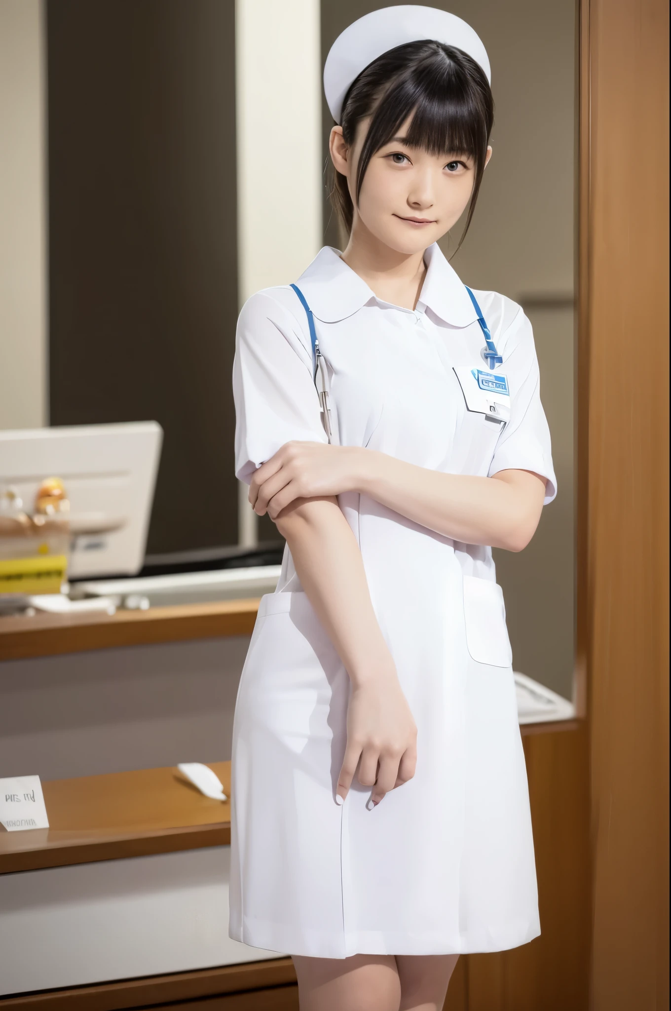 ((masterpiece, highest quality, Super detailed)),princess cut, dull bangs,beauty, one japanese girl, Nurse師, whole body, perfect anatomy, black hair, up style, Nurse師 uniform, ((nurse cap)), long skirt, Nurse, white costume,slender,hospital,clear,