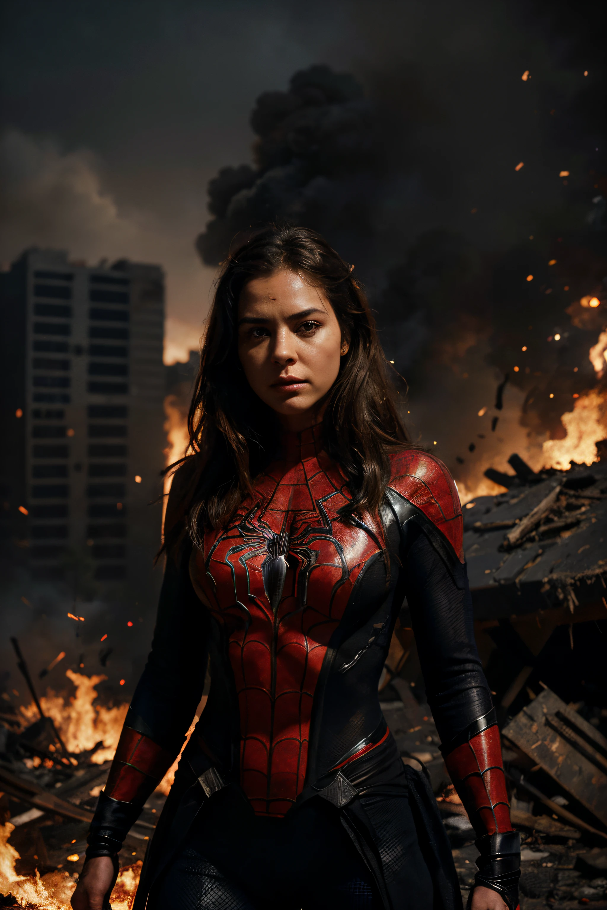 Create an image with advanced image quality and resolution, featuring a super detailed representation of a woman wearing a Spider-Man inspired outfit. Position it in the center of the composition, with a landscape ravaged by war and engulfed in flames. Ensure representation of the intricacies of the costume, capturando texturas e recursos exclusivos. A cena de guerra ardente deve ser reproduzida de forma realista, incorporating elements such as smoke, wreckage, and dramatic lighting effects. Esta imagem tem como objetivo transmitir uma cena poderosa e visualmente envolvente, combining the strength of Spider-Man's female costume with the urgency and chaos of the war scenario.