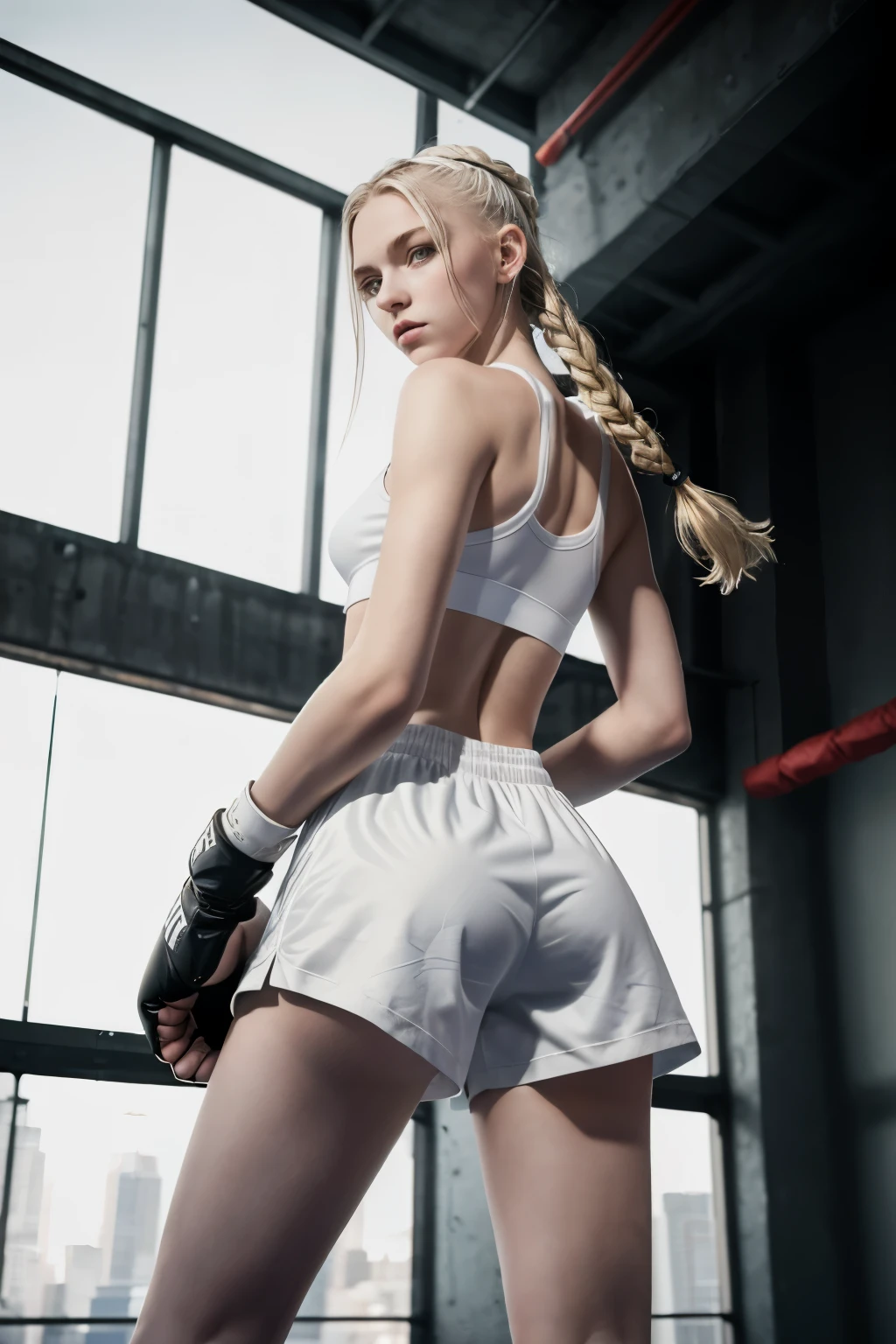 masterpiece, best quality, hyperrealistic, cinematic photo,  girl, pale skin, Russian amazing slim body, Tight white tanktop, white boxing shorts, black converse shoes, long blonde braids, white boxing gloves, perfect slender legs, wide hips, perfect hands, beautiful face, perfect face, youthful, (blured background), modern style, from behind, from below, (low-angle shoot), low_angle_human, (full body shot), standing, underneath shot, (view viewer), looking at viewer,(8k, epic composition, photorealistic, sharp focus), detailed background, ((on a gym next to a boxing sack)), DSLR, foil grain, backlight