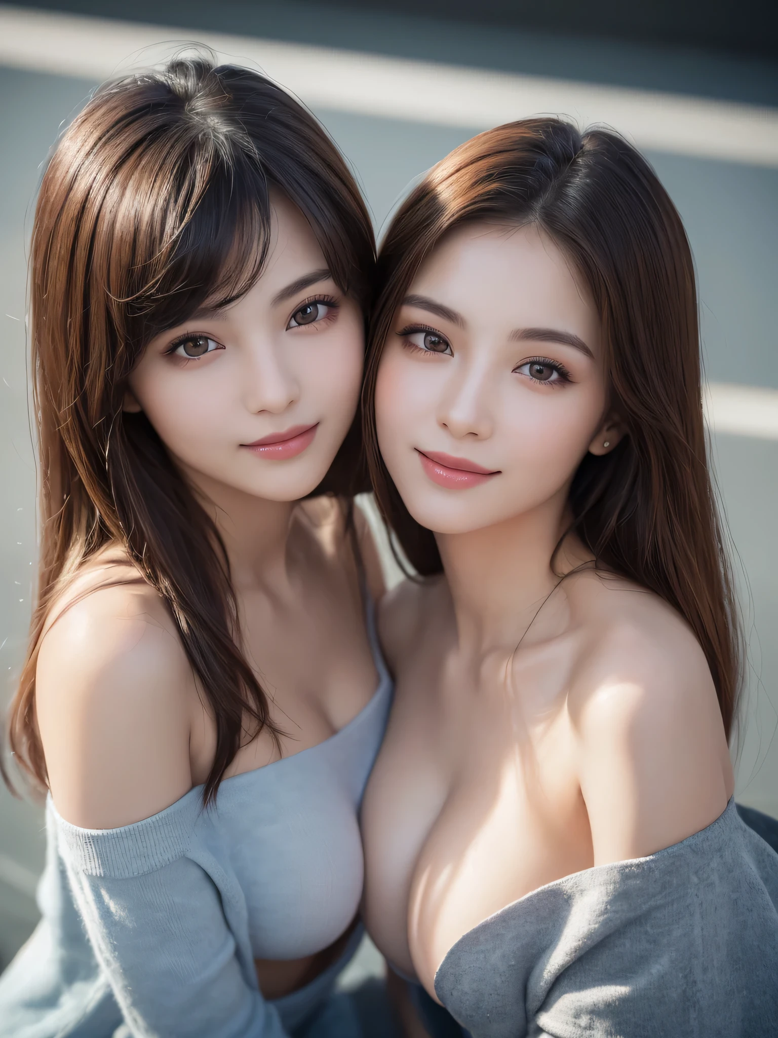 (2girls:1.3), (Ultra realistic, high res), (highly detailed eyes, highly detailed hair, highly detailed face, highly detailed plump lips), (off shoulder with open breasts), upper body, caute smile, (best quality:1.4), Raw photo, (realistic, photo-realistic:1.37), professional photography, cinematic light, (fine face: 1.2), (view from above),