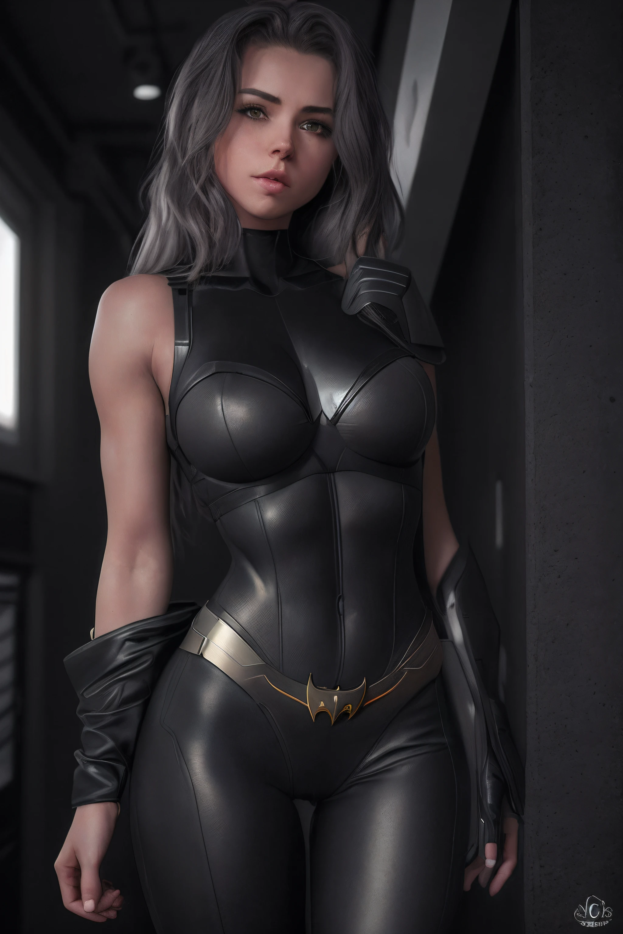 (raw photo,8k,photorealistic:1.3),(masterpiece, best quality), (from below) a mid shot photo of batgirl, confident, sexy top, short top:1.2, calm, modern futuristic clothing, complex, highly detailed, and dramatic, cinematic lighting, bright scene, cameltoe:1.2, thigh gap, soft lights, large breasts:1.3, nsfw:1.2, fit girl, lean girl. dark gray clothes