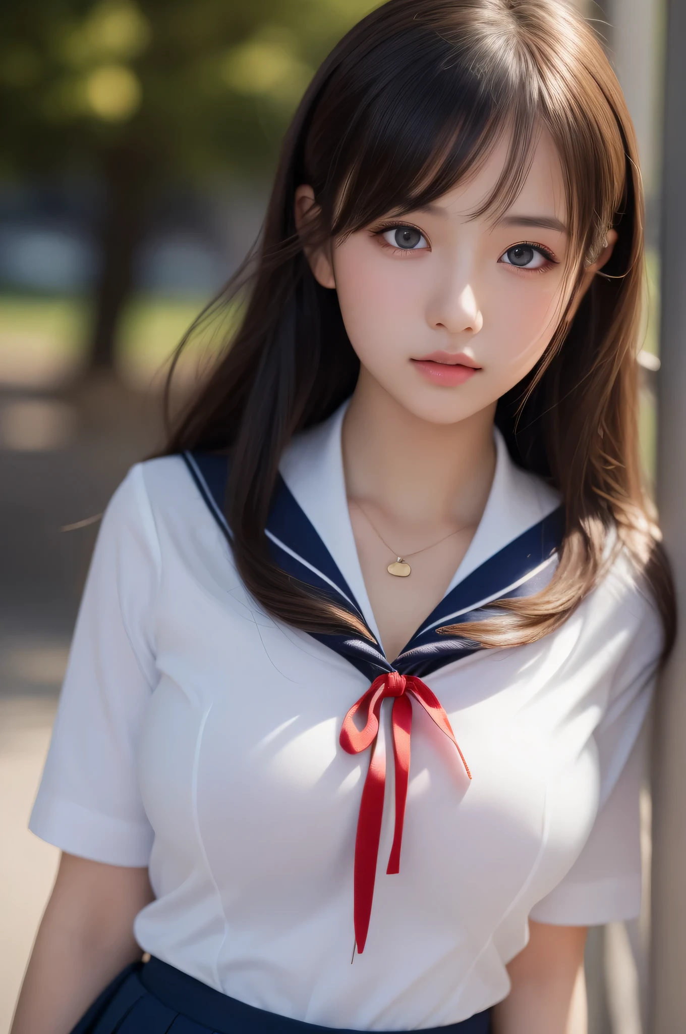 1 girl, (highest quality:1.4), (super detailed), (Highly detailed beautiful face), wonderful face and eyes, black eye, black hair, (sailor suit, school uniform:1.2), (cleavage), Smooth, Highly detailed CG integrated 8k wallpaper, High-definition RAW color photo, professional photos, light, Backlight, dream-like, impressive, Depth of the bounds written