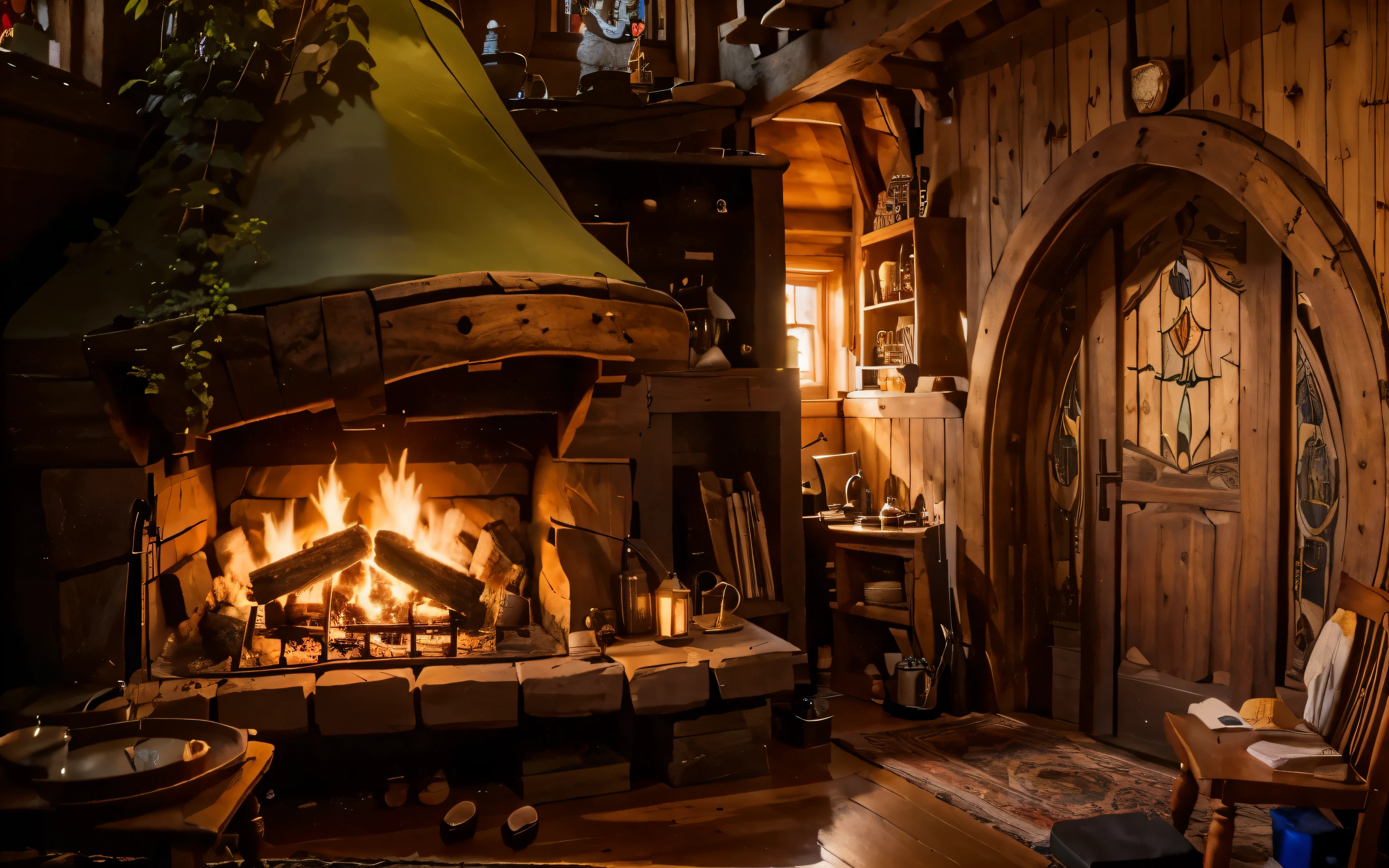 grande lareira na casa de madeira do hobbit. Uma sala cheia de objetos, uma mesa com mercadorias, kettle and cup of coffee, uma estante ao lado da lareira, e no final, um lindo vitral, uma sala de objetos detalhados (Do it better, MAIS DETALHADO)