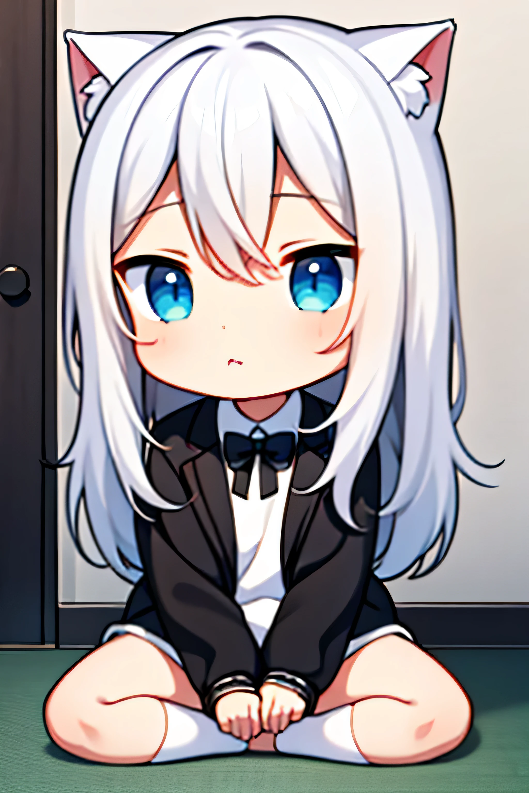 1girl, wearing white shirt with black jacket, sit on the floor, white hair, cat ears, beautiful blue eyes, no pants, anime chibi