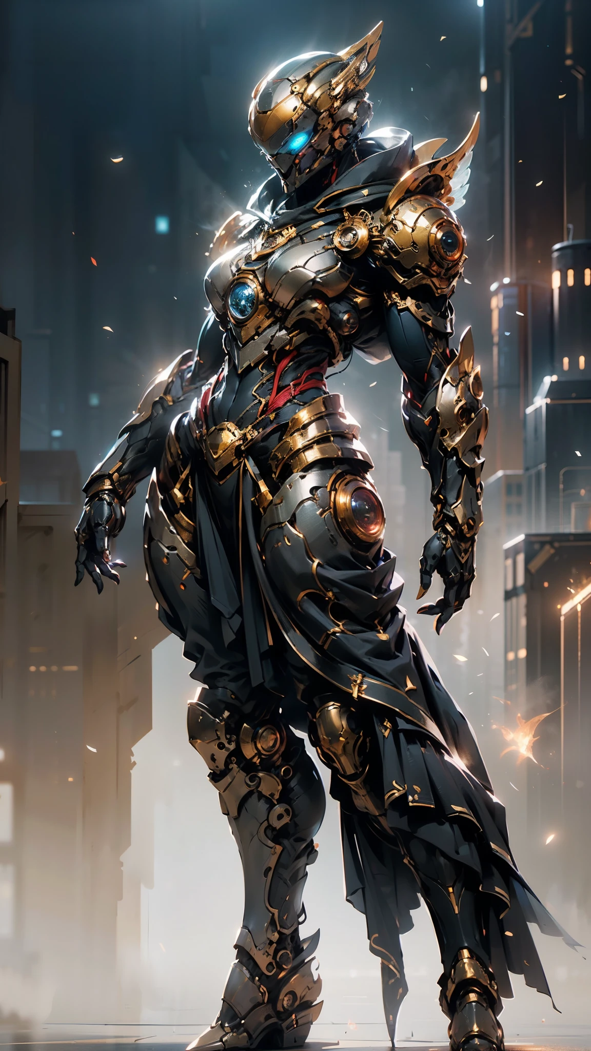 A woman adorned in fantasy-style full-body armor, a crown-concept fully enclosed helmet that unveils only her eyes, a composite layered chest plate, fully encompassing shoulder and hand guards, a lightweight waist armor, form-fitting shin guards, the overall design is heavy-duty yet flexible, (the armor gleams with a golden glow, complemented by red and blue accents), exhibiting a noble aura, she floats above a fantasy-surreal high-tech city, this character embodies a finely crafted fantasy-surreal style armored hero in anime style, exquisite and mature manga art style, (mixture of Queen bee and Spider concept Armor, plasma), ((Element, elegant, goddess, femminine:1.5)), metallic, high definition, best quality, highres, ultra-detailed, ultra-fine painting, extremely delicate, professional, anatomically correct, symmetrical face, extremely detailed eyes and face, high quality eyes, creativity, RAW photo, UHD, 32k, Natural light, cinematic lighting, masterpiece-anatomy-perfect, masterpiece:1.5