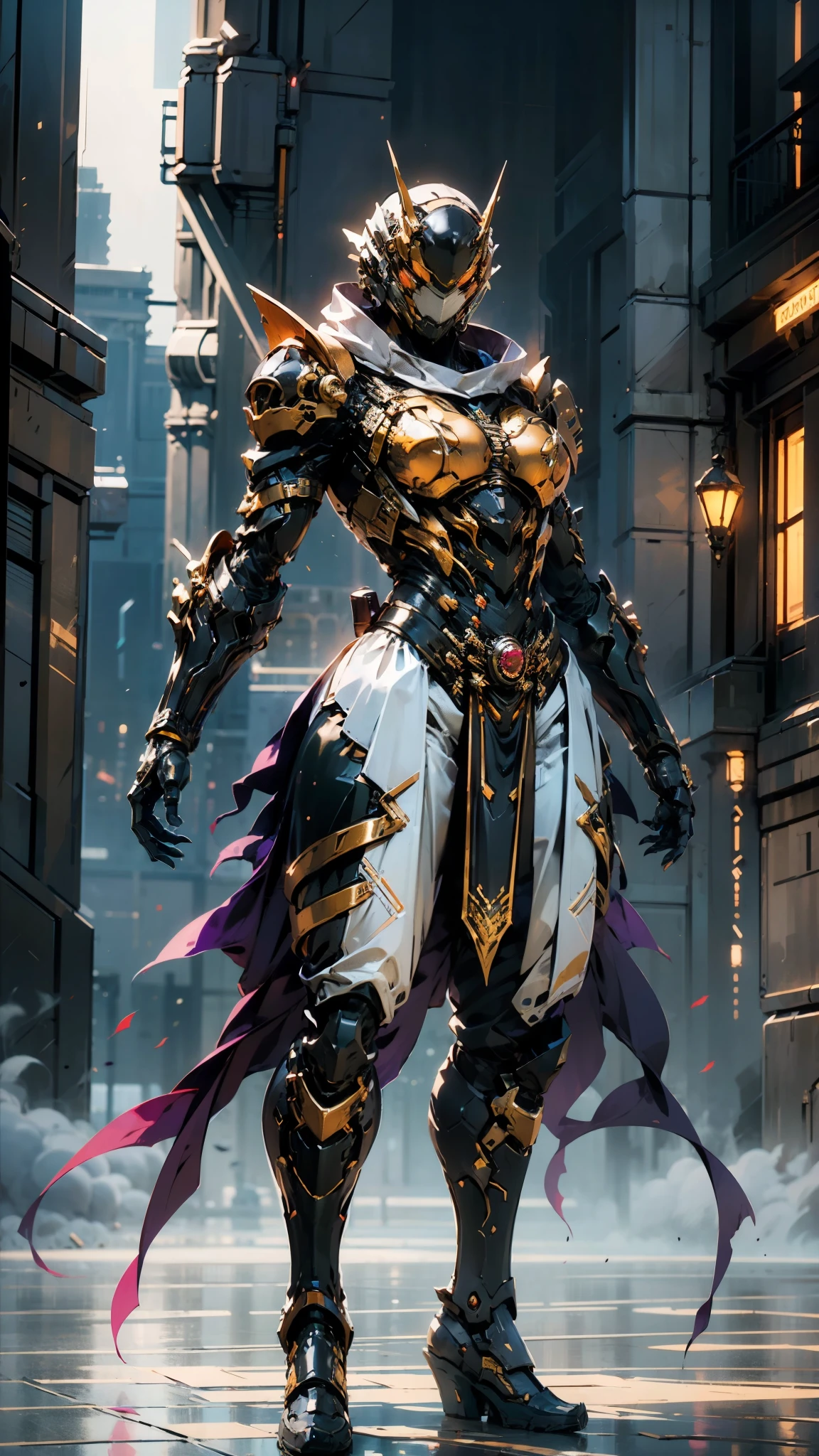 A woman adorned in fantasy-style full-body armor, a crown-concept fully enclosed helmet that unveils only her eyes, a composite layered chest plate, fully encompassing shoulder and hand guards, a lightweight waist armor, form-fitting shin guards, the overall design is heavy-duty yet flexible, (the armor gleams with a golden glow, complemented by red and blue accents), exhibiting a noble aura, she floats above a fantasy-surreal high-tech city, this character embodies a finely crafted fantasy-surreal style armored hero in anime style, exquisite and mature manga art style, (mixture of Queen bee and Spider concept Armor, plasma), ((Element, elegant, goddess, femminine:1.5)), metallic, high definition, best quality, highres, ultra-detailed, ultra-fine painting, extremely delicate, professional, anatomically correct, symmetrical face, extremely detailed eyes and face, high quality eyes, creativity, RAW photo, UHD, 32k, Natural light, cinematic lighting, masterpiece-anatomy-perfect, masterpiece:1.5