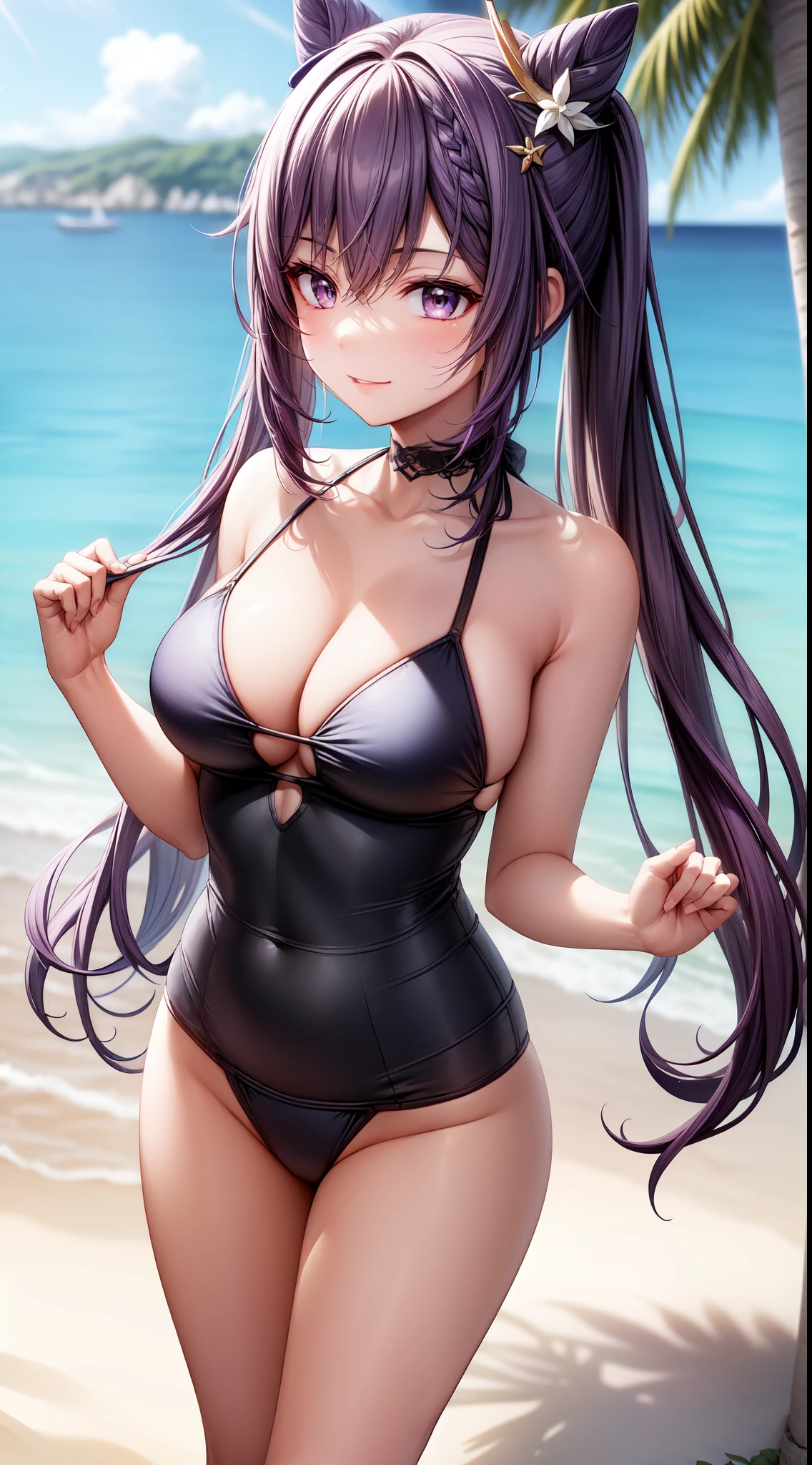 anime, beautiful face, highly detailed face, (2 accurate legs:1), purple detailed eyes, highly detailed beach background, perfect lighting, best lighting, (no shadows:1.2), 1girl, solo, outdoors, genshin impact, keqing, (beautiful purple hair:1.2), absurdres, high res, ultrasharp, 8K, masterpiece, looking at viewer, teasing smile, facial expressions full of love, BREAK (detailed sexy beach bikini:1.5), (all intricate lace:1.2), sexy pose, arching back, (extremely close up:1.2), (holding chest:1.2)