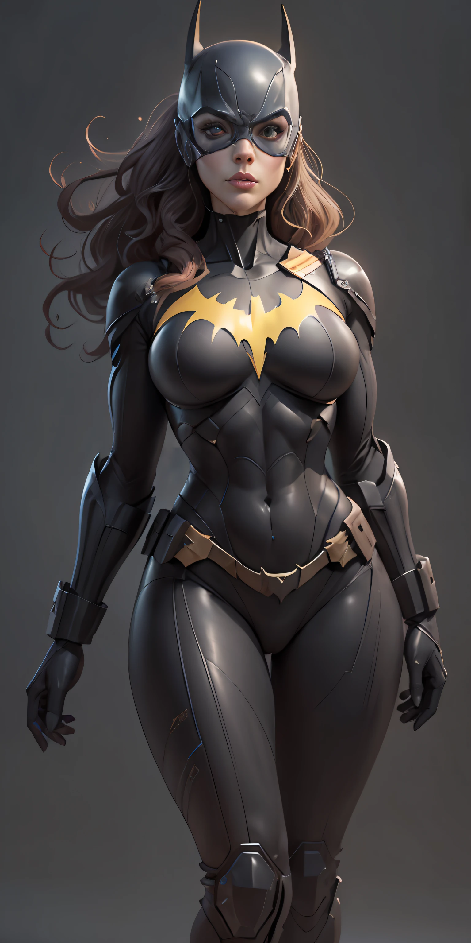 Batgirl from DC, big breasts, frontal, full-length, looking at the camera, facing the audience, standing pose, simple background, three-dimensional light, detailed full-body concept, sleek digital concept art, beautiful full-body concept art, art trend, CGsociety full-length,