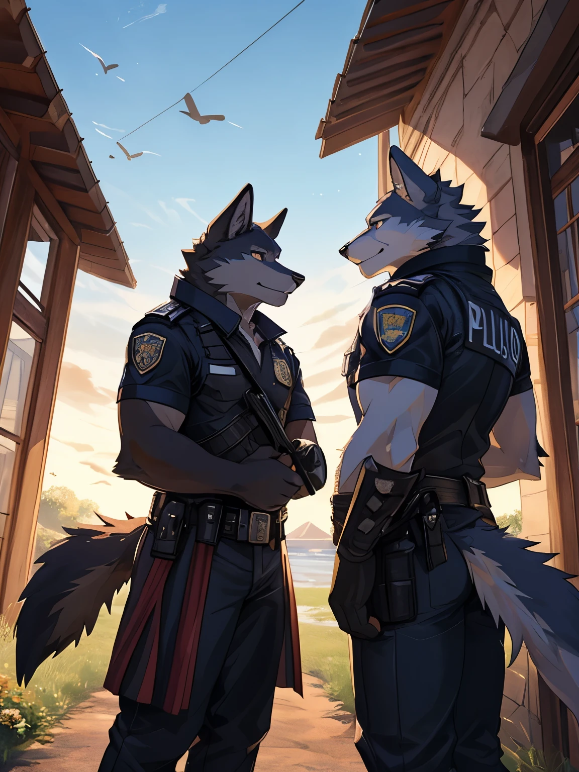 (Furry art, uploaded on e621: 1.4), Furry, two wolves,Male,Standing looking at each other in the pouring rain,Detailed, realistic colored eyes,One wolf had completely black fur and the other had white fur.,Wear a police uniform,Behind is the road.,The sun is set.,8k,hdr, (detail body), (perfect pulpils), standing, (masterpiece), (best quality), (ultra-detailed: 1.0), cool pose, (Clear, shiny:0,8), (2boy, duo), (duo_focus), detail fluffy, natural lighting, (male), anthro, (upscaling ratio: 2.20), detail background, perfect sky, detail fur, topless, detail pulpils, detail eyes.