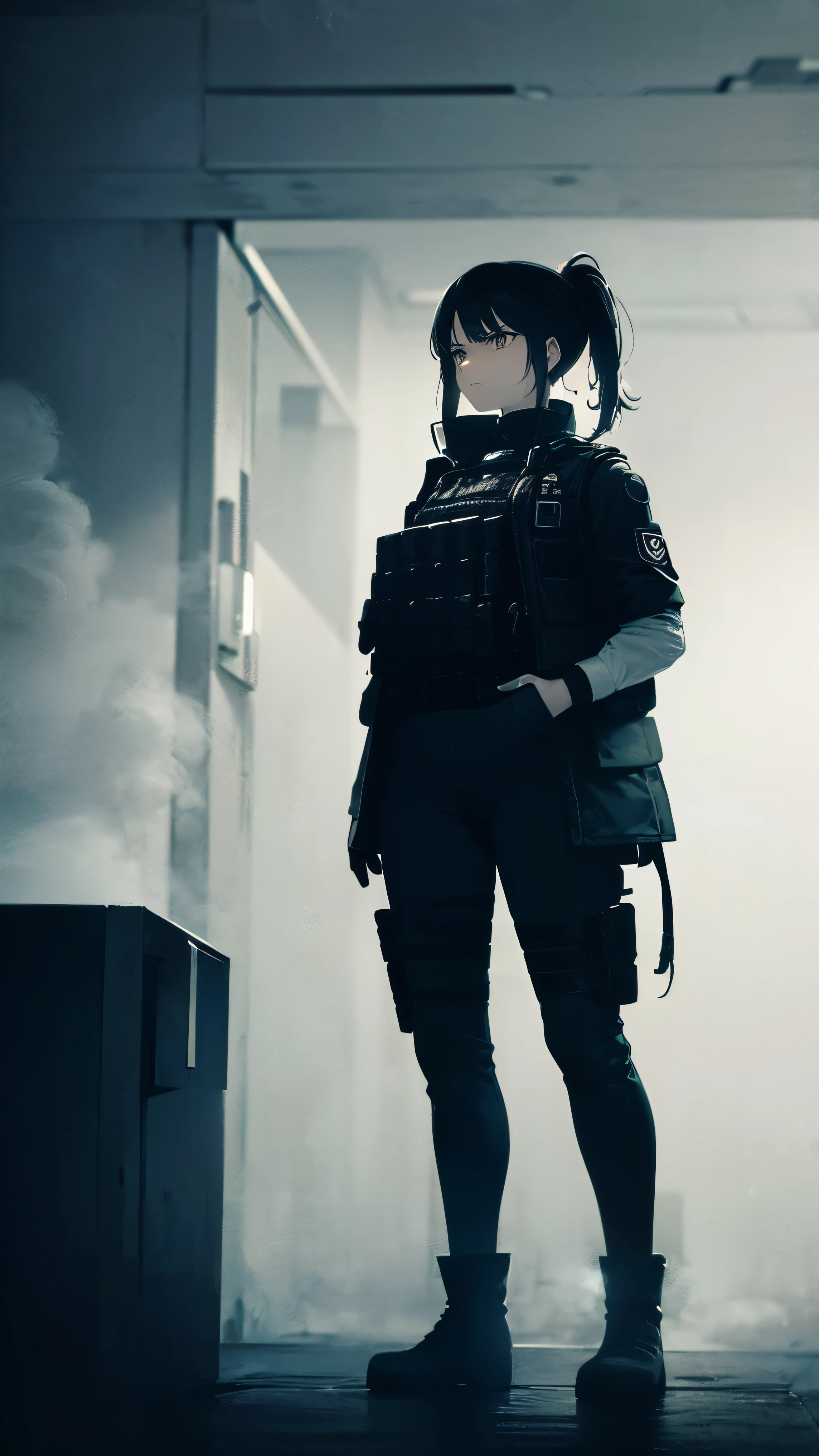 (indoor), (1 girl),(milf) ,(Black hair), (Tactical Vest:Black:1.5), (Navy blue parka:1.2), (wool pants:1.2), (Black boots), (ponytail:1.2), (Mature:1.5), (Serious:1.5), (consist of), (delicate eyes), (Do not laugh), (Black and white), (mood lighting:1.5),(whole body:1.3)
