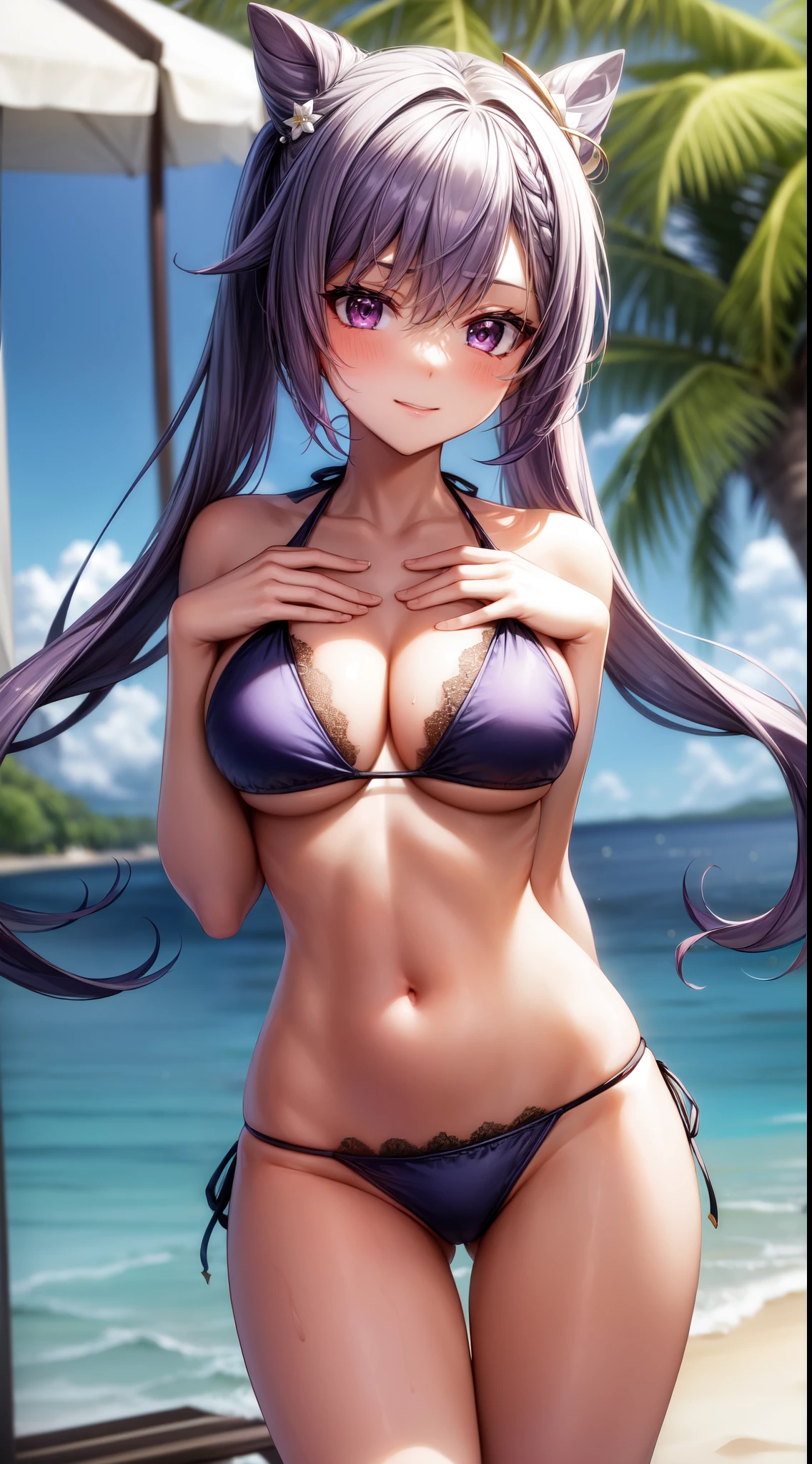 anime, beautiful face, highly detailed face, (2 accurate legs:1), purple detailed eyes, highly detailed beach background, perfect lighting, best lighting, (no shadows:1.2), 1girl, solo, outdoors, genshin impact, keqing, (beautiful purple hair:1.2), absurdres, high res, ultrasharp, 8K, masterpiece, looking at viewer, teasing smile, facial expressions full of love, BREAK (detailed sexy beach bikini:1.5), (all intricate lace:1.2), sexy pose, arching back, (extremely close up:1.2), (hands on chest:1.2)