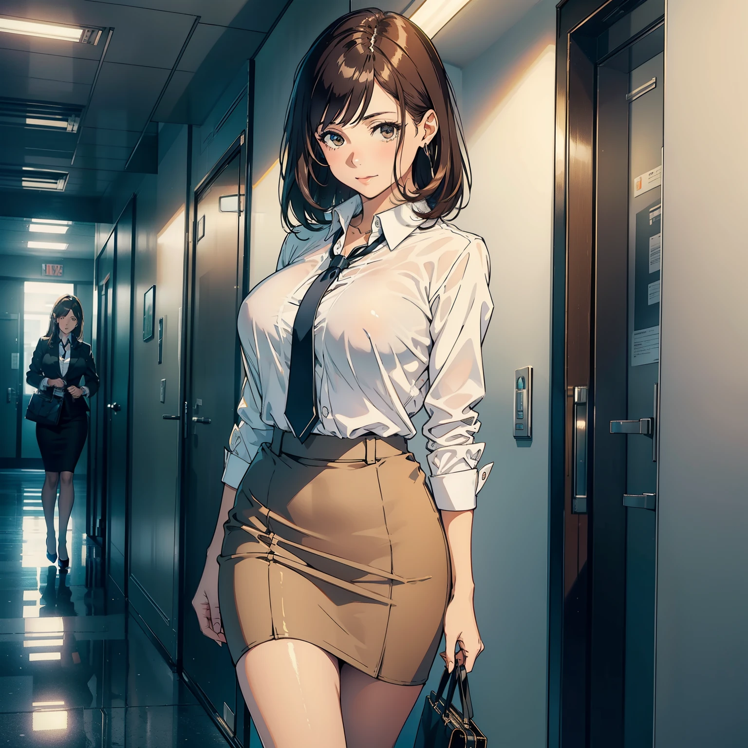 (1 female solo office worker, Walking down the hallway, /(Pencil skirt, shimmering with luxurious silk shirt./) /(ID card lanyard hanging gently around her neck.), /(Brown hair, smooth and shiny, framing a kind smile)/, (The best quality masterpiece:1.2), exquisitely detailed, (Big breasts, bouncing slightly with each step), arms relaxed at her side, /(Broken stockings, revealing a modern office interior, adding a touch of vulnerability)/, (Skyscraper window at night, casting a soft, tranquil glow on the hallway).