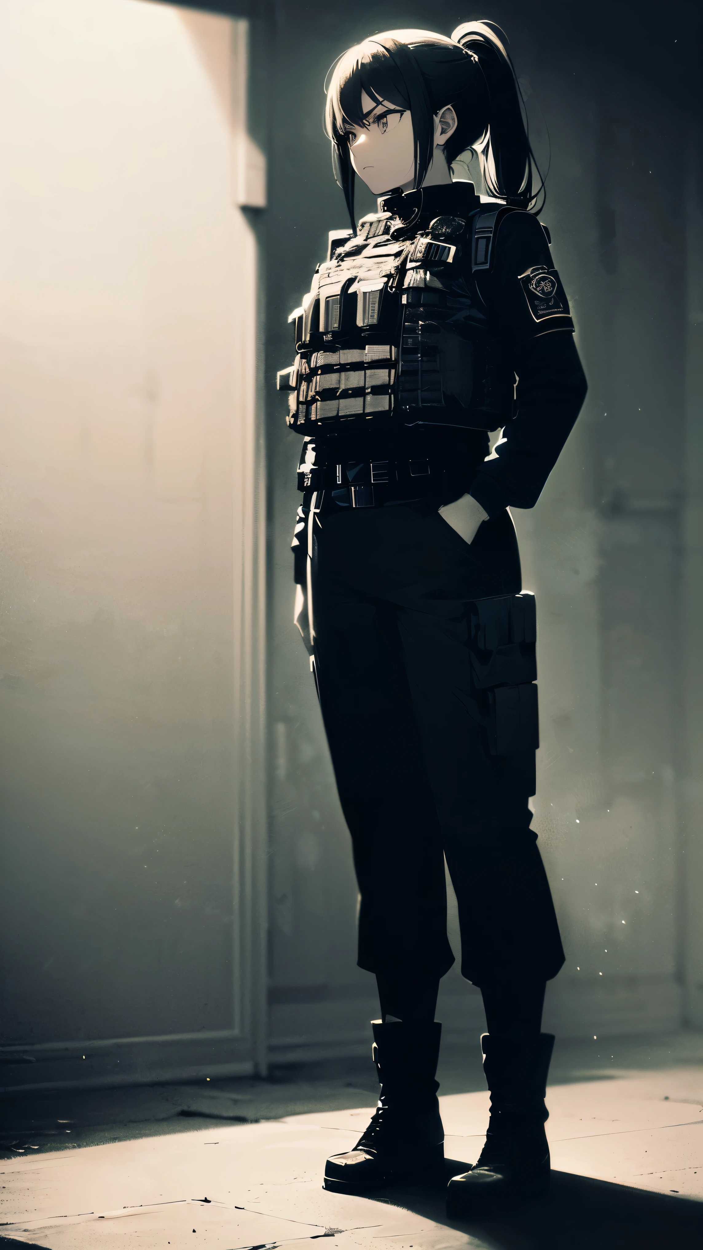 (indoor), (1 girl),(milf) ,(Black hair), (Tactical Vest:Black:1.5), (Navy blue parka:1.2), (wool pants:1.2), (Black boots), (ponytail:1.2), (Mature:1.5), (Serious:1.5), (consist of), (delicate eyes), (Do not laugh), (Black and white), (mood lighting:1.5),(whole body:1.3)