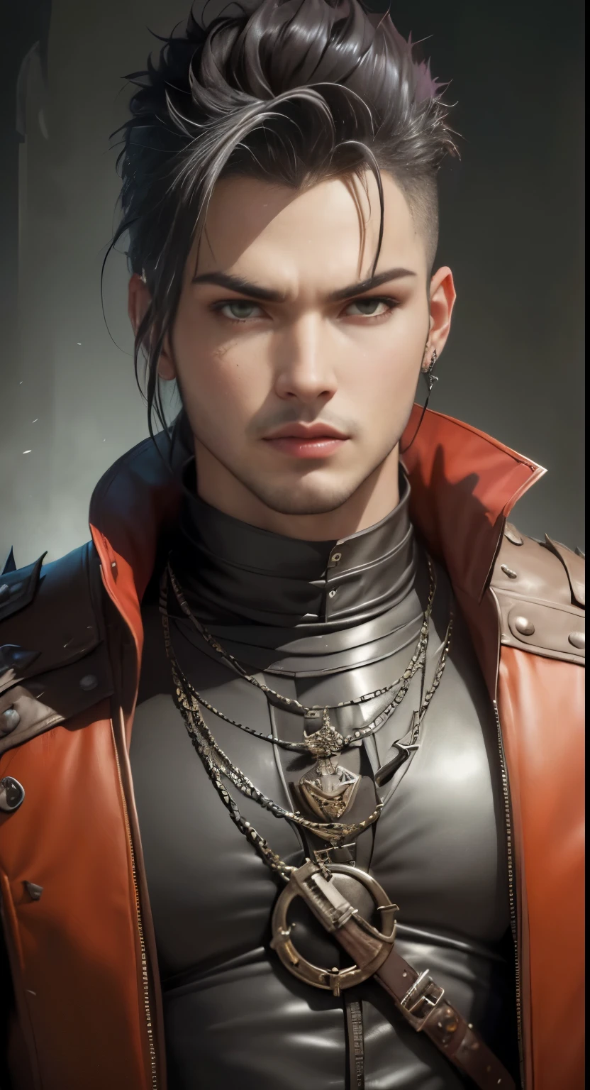 "(((retrato：Homem em uma cena sombria)), (O olhar de Adam Lambert), Monster hunter style, (Suspense de terror, Horror ao estilo Imami), obra-prima, rosto perfeito)"