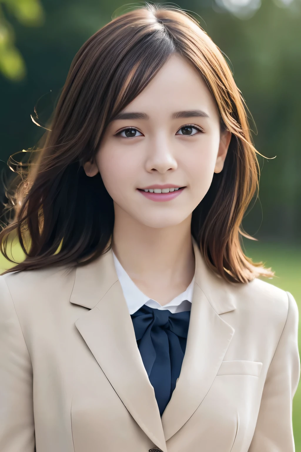 (surreal), (High resolution), (8k), (very detailed),  (beautiful and detailed eyes), (highest quality), (Super detailed), (masterpiece), (detailed face), soft focus、emma watson face、big breasts、Japanese、wearing school uniform、blazer、Outstanding smile、british school、mini skirt、blonde