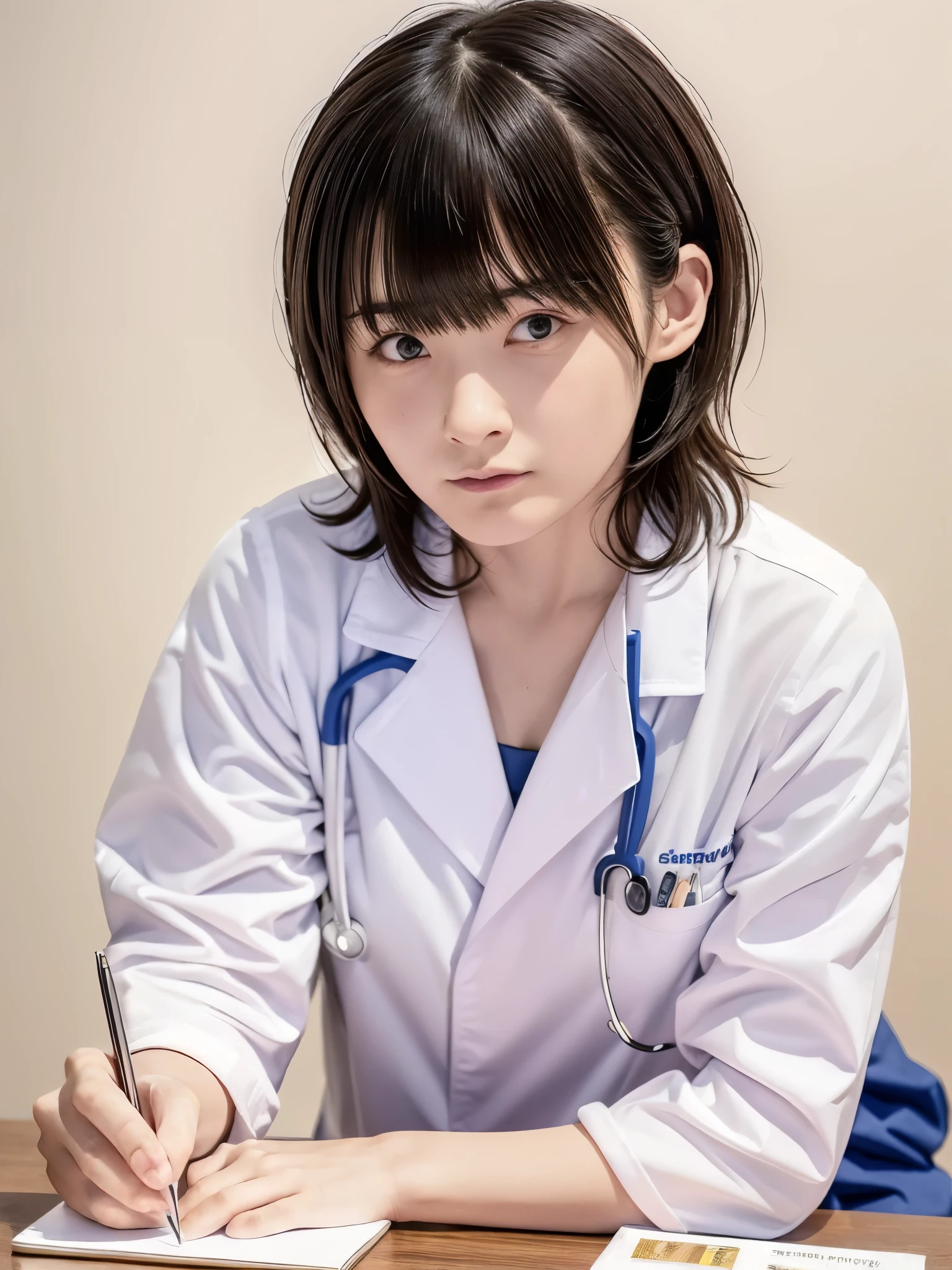 ((masterpiece, highest quality, Super detailed)),princess cut, dull bangs,beauty, one japanese girl, black hair, slender, Background Hospital, clear,doctor, white clothes,doctor dress,modern medical equipment,Medical Instruments,medical environment,indoor scenes,high-tech atmosphere, Stethoscope, a notepad,pens,card,patient information,Computer Monitor,((Doctor Style)),