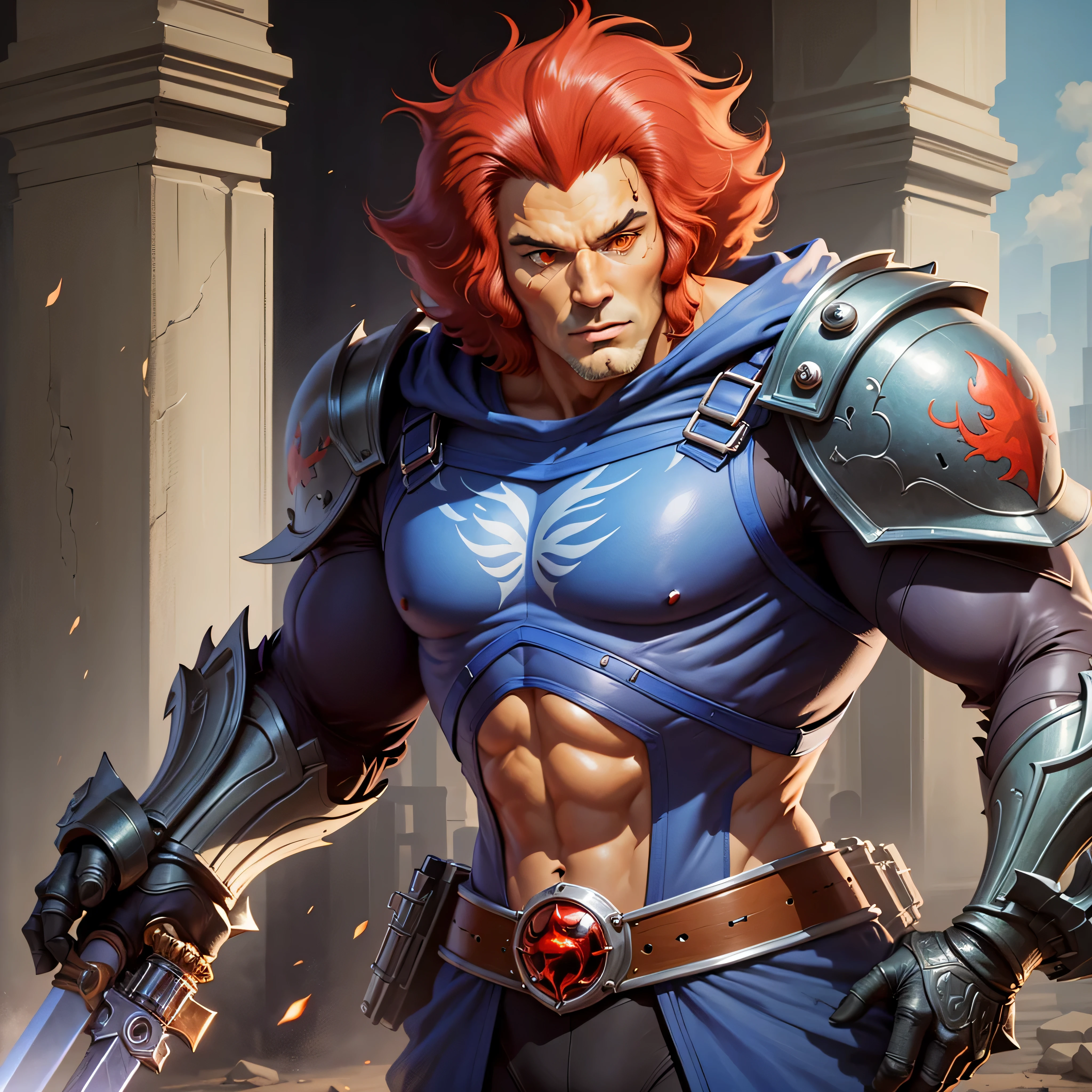 King lion-o, (best quality:1.13), (realistic:1.1), (detailed:1.15),(skin details), Dappled Light, (look at viewer), (skin texture), (realistic texture skin), cinematic light, side lighting, ultra high res, best shadow, lightroom, cinematic, (intricate:1.4), high quality, intricate details, low contrast, detailed, lion-oQuiron character, 1boy with Lion features, red hair, sword, rampage, blue outfit, photo-realistic, octane render, unreal engine, ultra-realistic, super photo-realistic