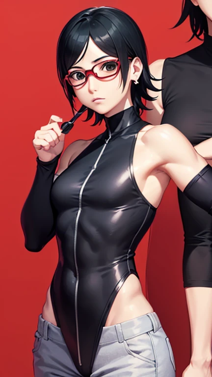 ((Matserpiece, short hair, black eyes)), ((muscular, fitness)), best quality, high resolution, Sarada, getting older, mature, adult, time skip, fixing the hair, Thin glasses, bare shoulder, black jacket , top cut, black t-shirt, simple bottom, sexy pose, black eyes, black hair, close up, earring, clavicle, uchiha symbol earring, very short hair, tomboyish hair, tomboy, long tube top,