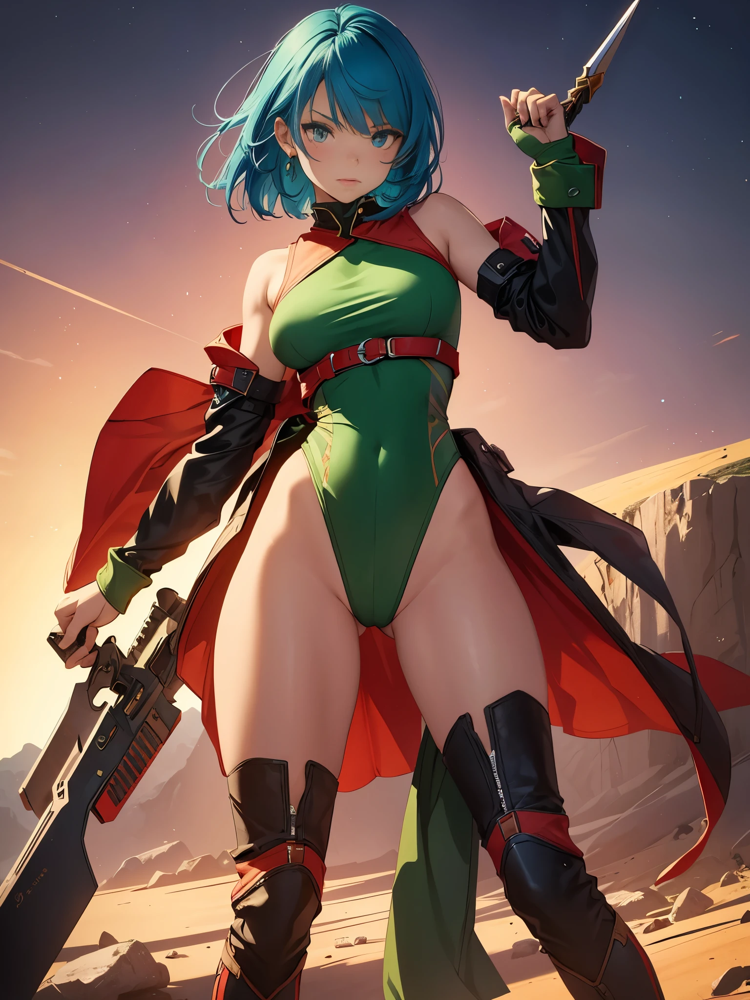 1girl, medium breasts, leotard, green leotard with red accents, sleeveless, midriff, bare legs, boots, matching boots, bracelets, mars backdrop, solo, single, standing, full body shot, cowboy shot, beautiful detailed eyes, blue hair, medium hair, superhero, barbarian, using broad sword in hand