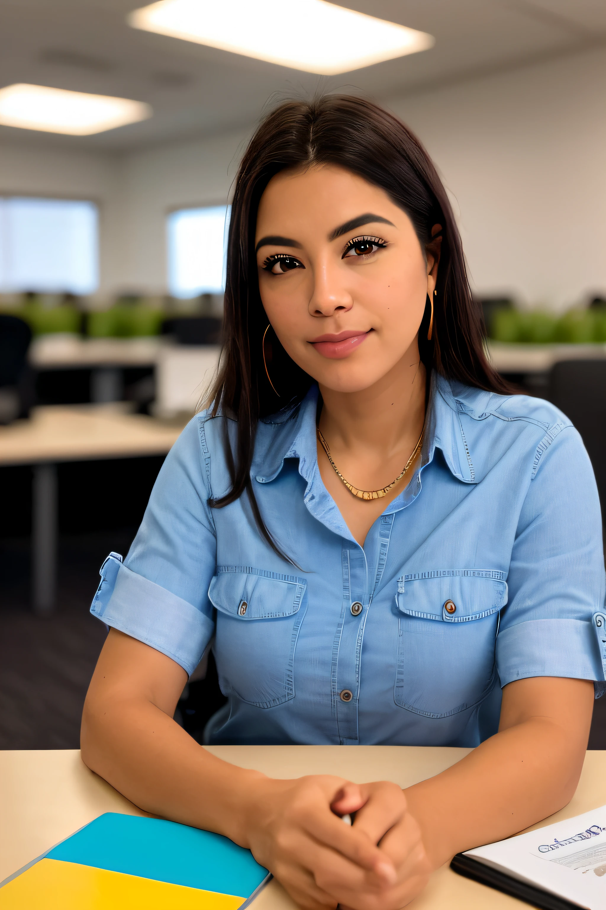 Kodak disposable camera photo of a beautiful female, sorrindo sugestivamente, sat in an office, trabalhando como atendente, She is sensual and has blue colored clothes #3e7ffb, The office has a shade of blue