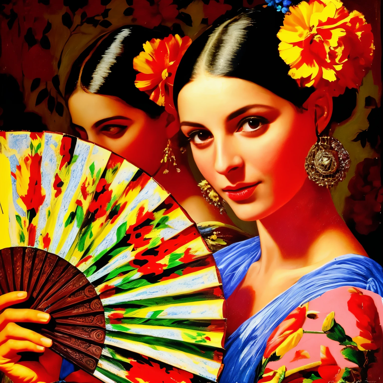 painting of a woman with a fan and flowers in her hair, realistic spanish woman painting, by Rodolfo Escalera, by Ignacio Zuloaga, beautiful retro art, by Pablo Munoz Gomez, by Eugenio de Arriba, inspired by Vladimir Tretchikoff, by Juan O'Gorman, by Virginia Lee Burton, by José Comas Quesada