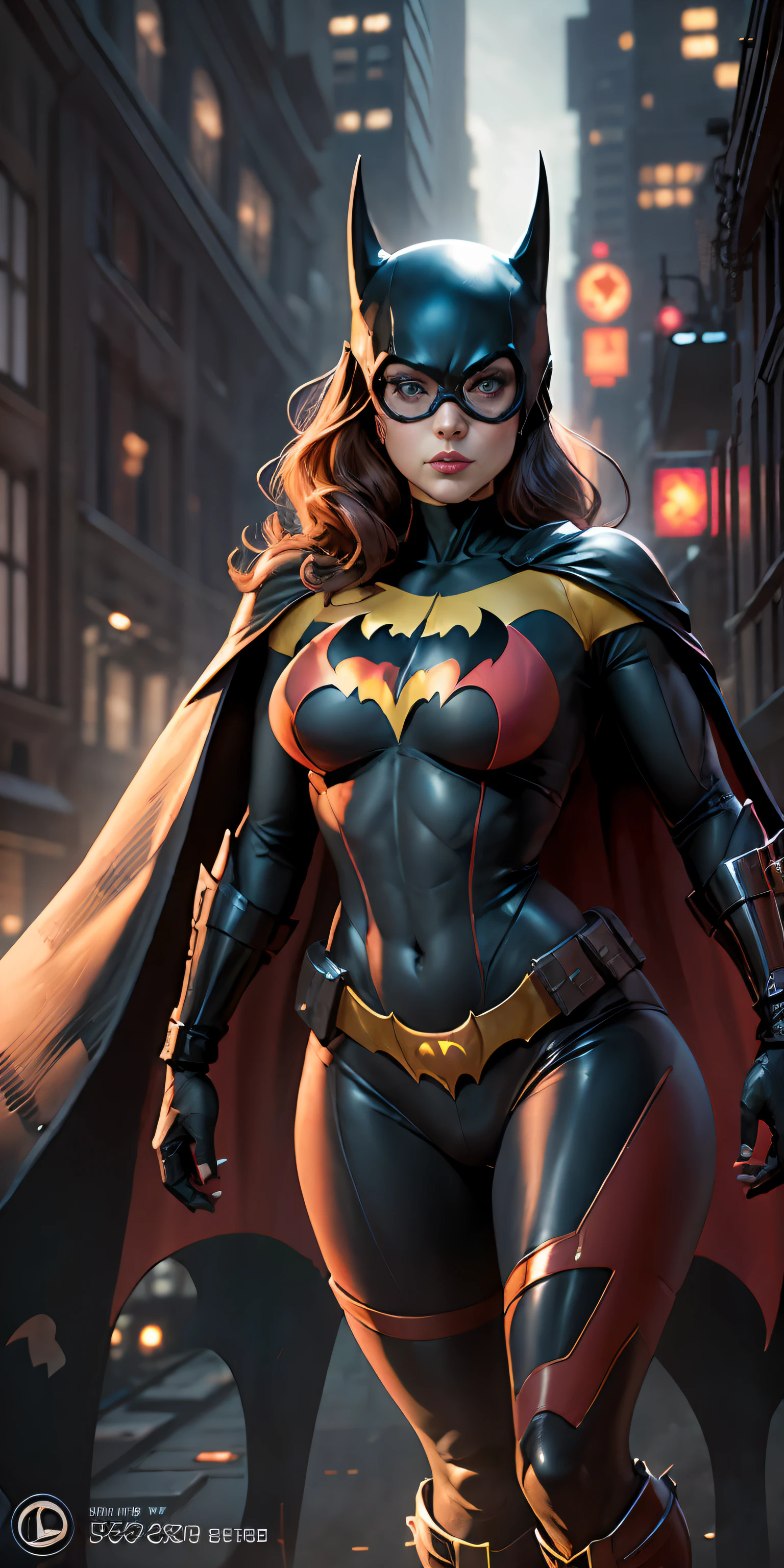 Batgirl from DC, big breasts, frontal, full-length, looking at the camera, facing the audience, standing pose, Gotham City background, three-dimensional light, detailed full-body concept, sleek digital concept art, beautiful full-body concept art, art trend, CGsociety full-length,