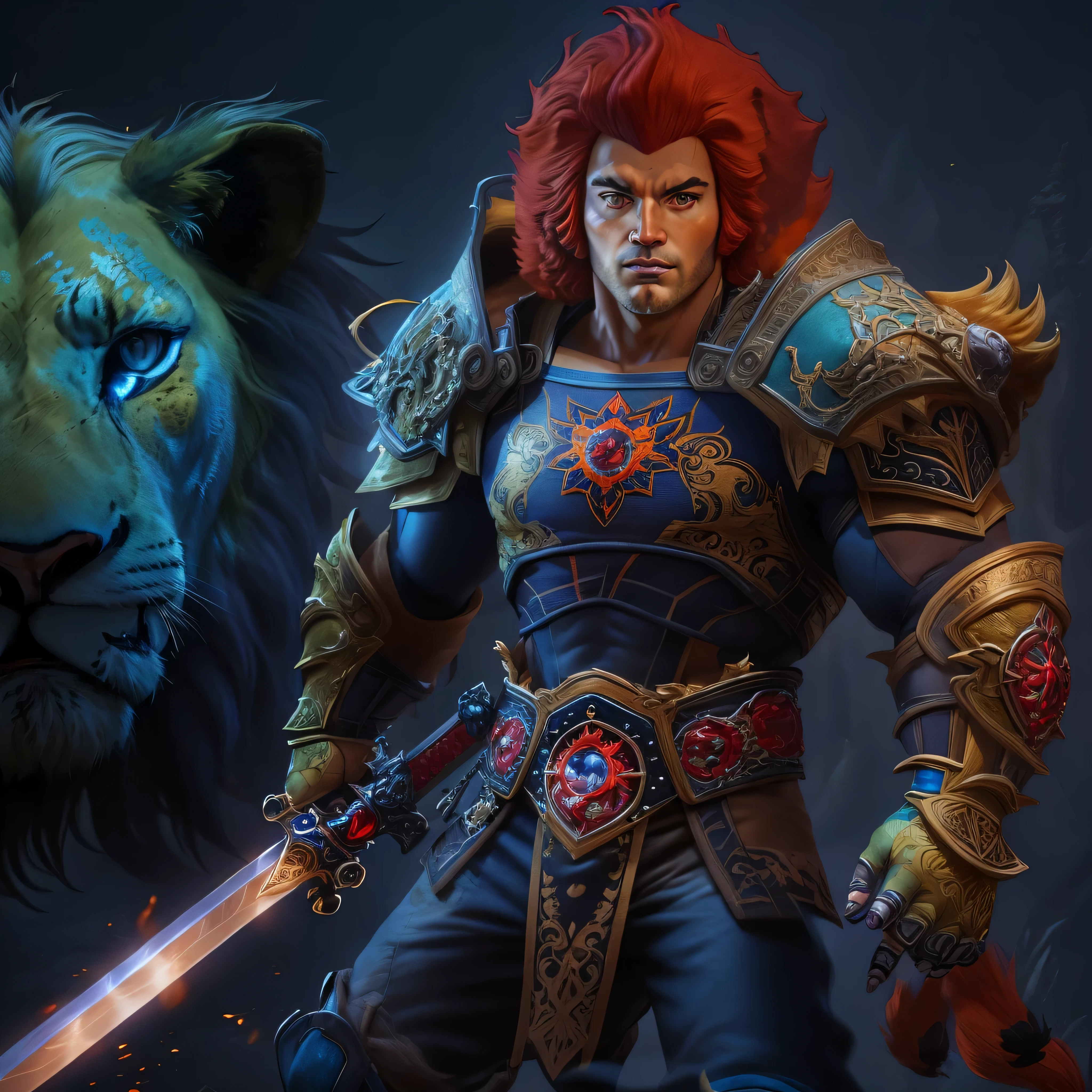 lion-o, (best quality:1.13), (realistic:1.1), (detailed:1.15),(skin details), Dappled Light, (look at viewer), (skin texture), (realistic texture skin), cinematic light, side lighting, ultra high res, best shadow, lightroom, cinematic, (intricate:1.4), high quality, intricate details, low contrast, detailed, lion-oQuiron character, 1boy with Lion features, red hair, sword, rampage, blue outfit, photo-realistic, octane render, unreal engine, ultra-realistic, super photo-realistic