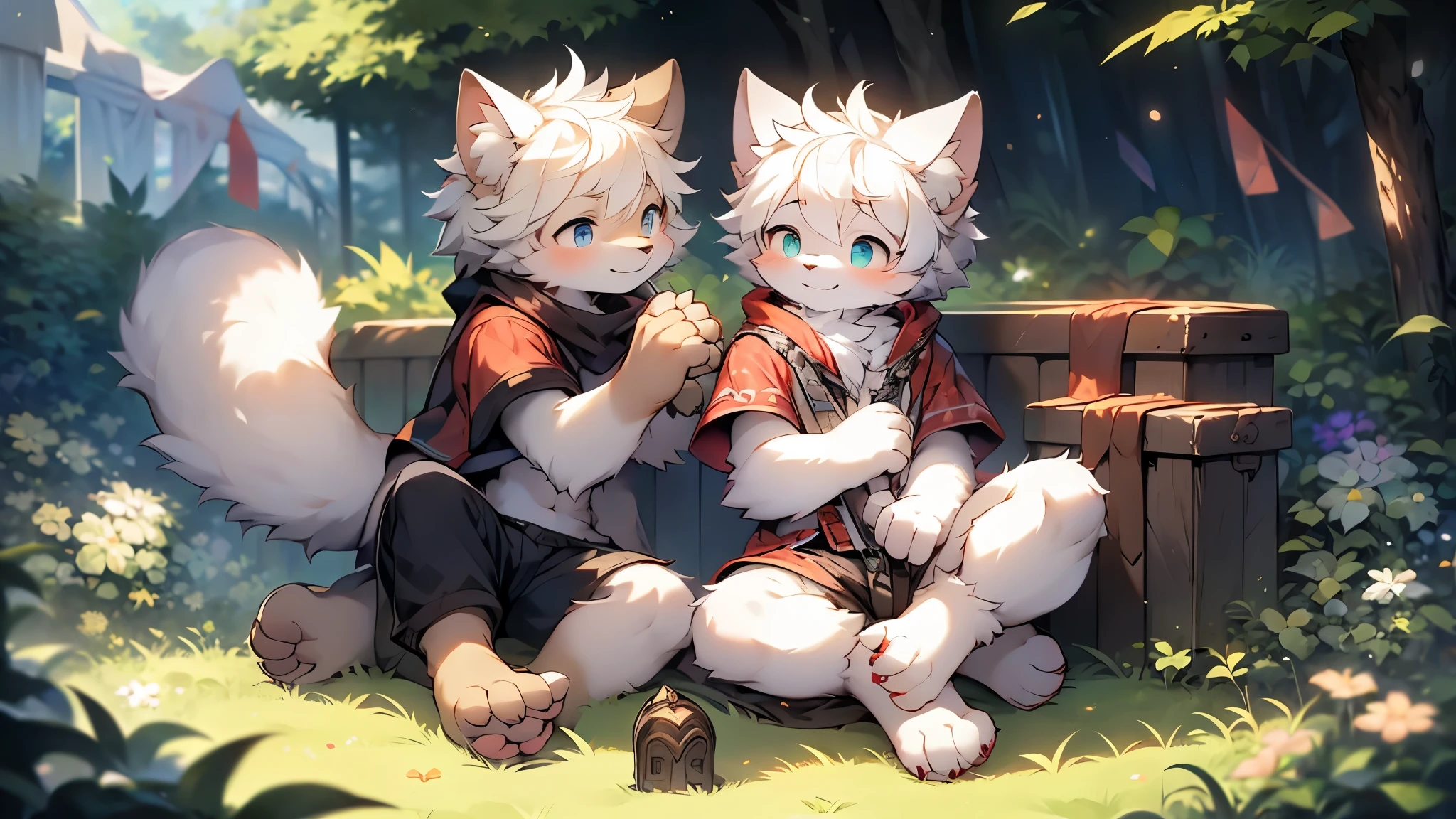 furry,Cat ear,white hair,Hairy body,white socks,Smile,sitting on the grass,highest quality,masterpiece ,individual