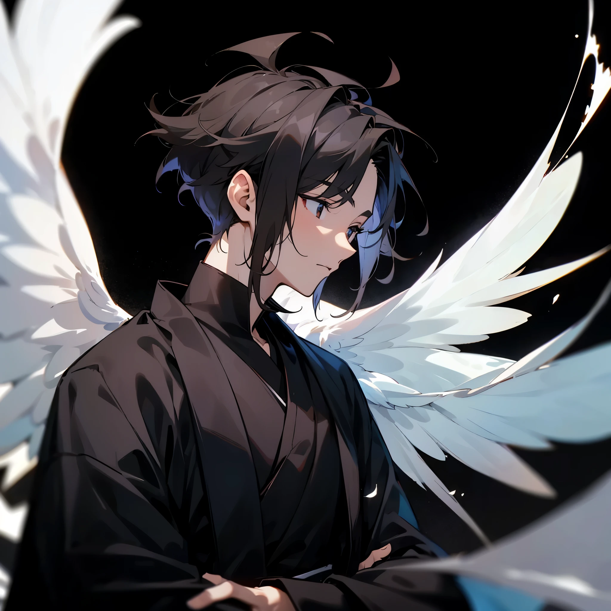 A tall, young man with white wings, fair-skinned, black-eyed, with light, messy dark hair, short on the sides and back and long on top of his head, forming a sort of messy tuft, wearing black Gojō kāṣāya, black background