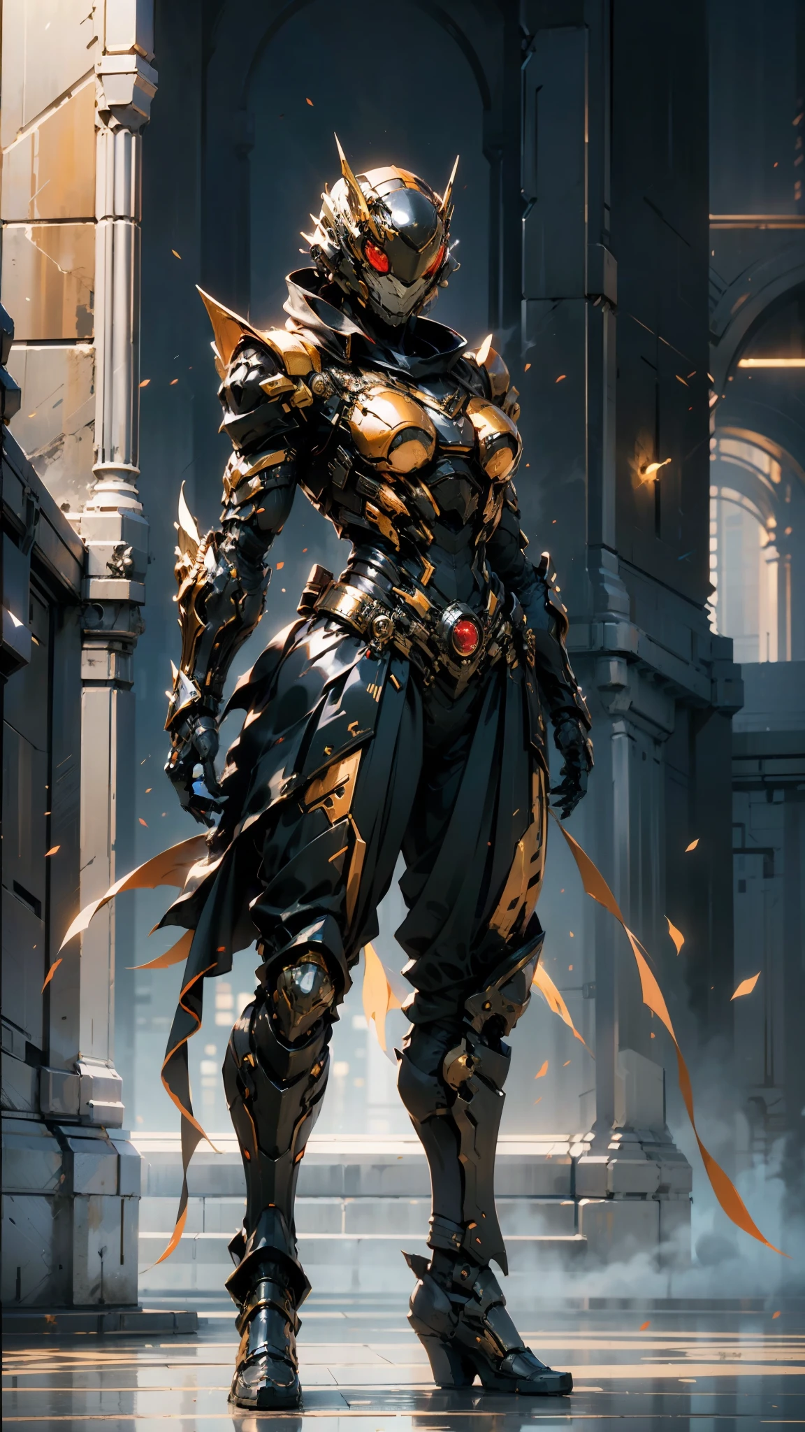A woman adorned in fantasy-style full-body armor, a crown-concept fully enclosed helmet that unveils only her eyes, a composite layered chest plate, fully encompassing shoulder and hand guards, a lightweight waist armor, form-fitting shin guards, the overall design is heavy-duty yet flexible, (the armor gleams with a golden glow, complemented by red and blue accents), exhibiting a noble aura, she floats above a fantasy-surreal high-tech city, this character embodies a finely crafted fantasy-surreal style armored hero in anime style, exquisite and mature manga art style, (mixture of Queen bee and Spider concept Armor, plasma), ((Element, elegant, goddess, femminine:1.5)), metallic, high definition, best quality, highres, ultra-detailed, ultra-fine painting, extremely delicate, professional, anatomically correct, symmetrical face, extremely detailed eyes and face, high quality eyes, creativity, RAW photo, UHD, 32k, Natural light, cinematic lighting, masterpiece-anatomy-perfect, masterpiece:1.5