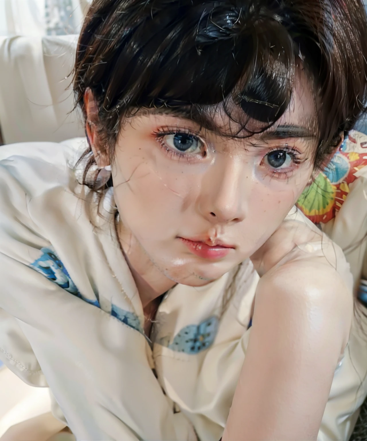 un primer plano de una persona con una camisa blanca y una camisa azul y blanca, cai xukun, jinyoung shin, kim doyoung, pintar ulzzang, Jung Jaehyun, jungkook, kim taejin, pale korean adorable face, hyung tae, hong junio hyung, sakimichan, 1 7-year-old boy with a thin face, lee wonbin