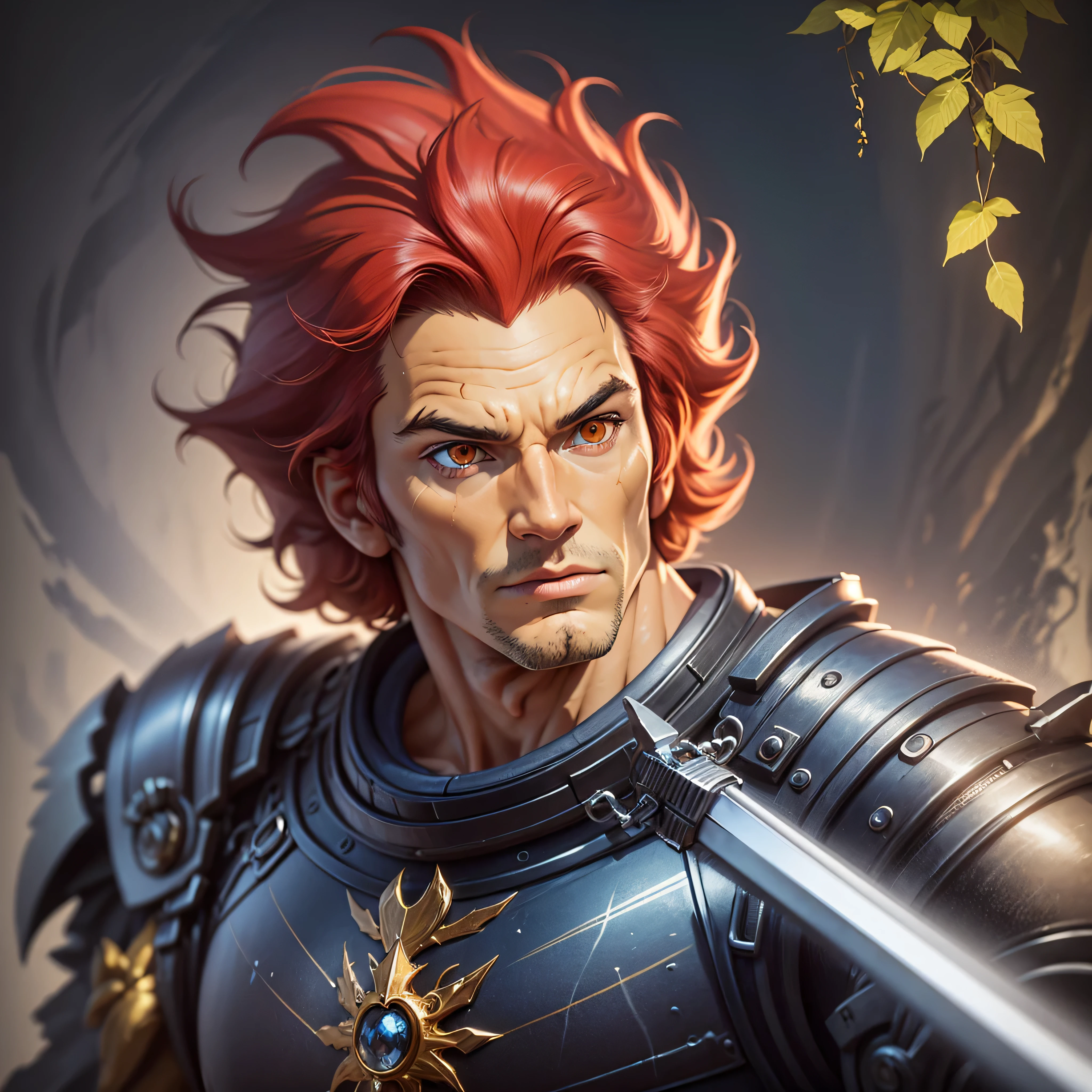 King lion-o, (best quality:1.13), (realistic:1.1), (detailed:1.15),(skin details), Dappled Light, (look at viewer), (skin texture), (realistic texture skin), cinematic light, side lighting, ultra high res, best shadow, lightroom, cinematic, (intricate:1.4), high quality, intricate details, low contrast, detailed, lion-oQuiron character, 1boy with Lion features, red hair, sword, rampage, blue outfit, photo-realistic, octane render, unreal engine, ultra-realistic, super photo-realistic