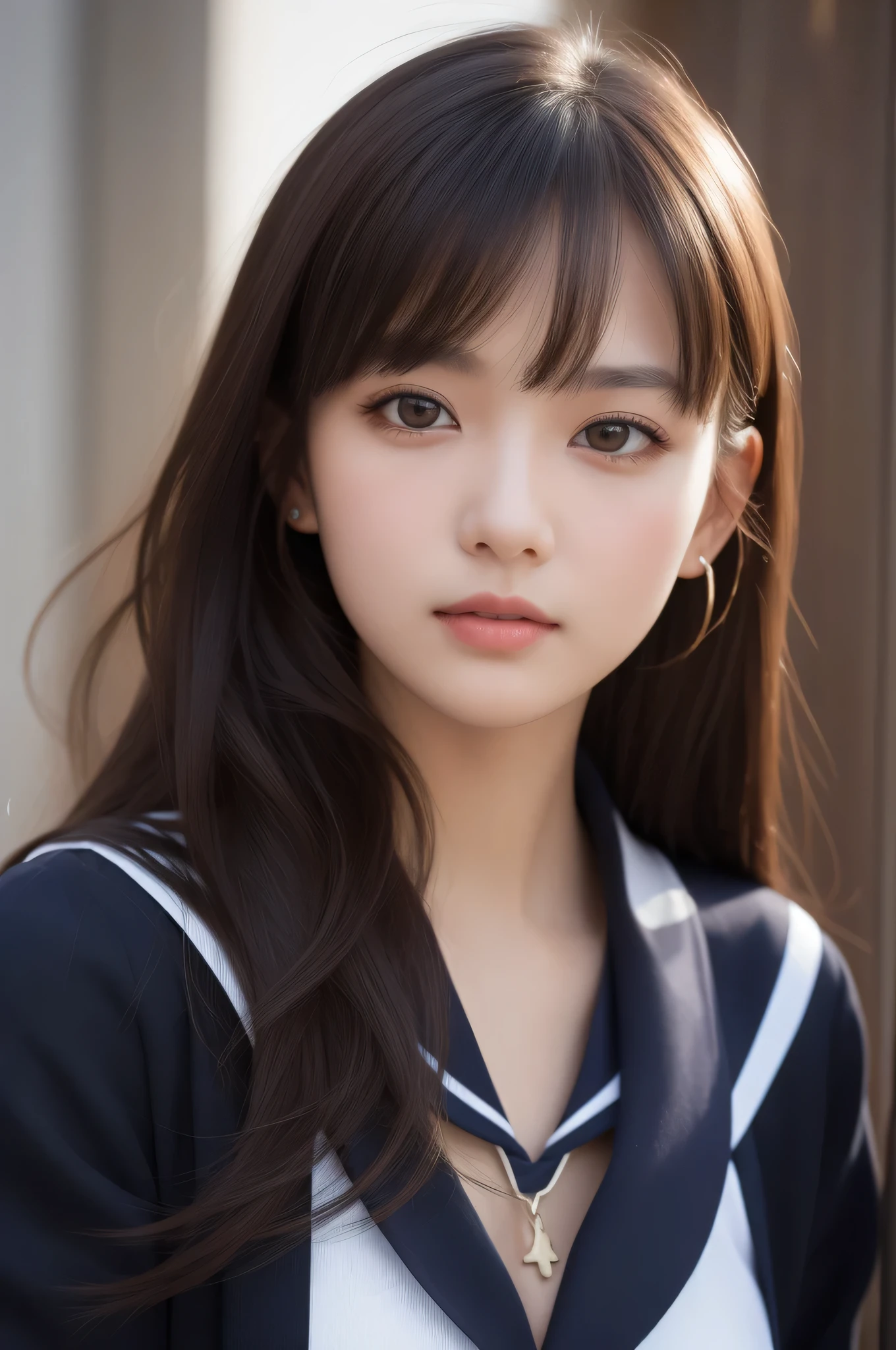 1 girl, (highest quality:1.4), (super detailed), (Highly detailed beautiful face), wonderful face and eyes, black eye, black hair, (sailor suit, school uniform:1.2), (cleavage), Smooth, Highly detailed CG integrated 8k wallpaper, High-definition RAW color photo, professional photos, light, Backlight, dream-like, impressive, Depth of the bounds written
