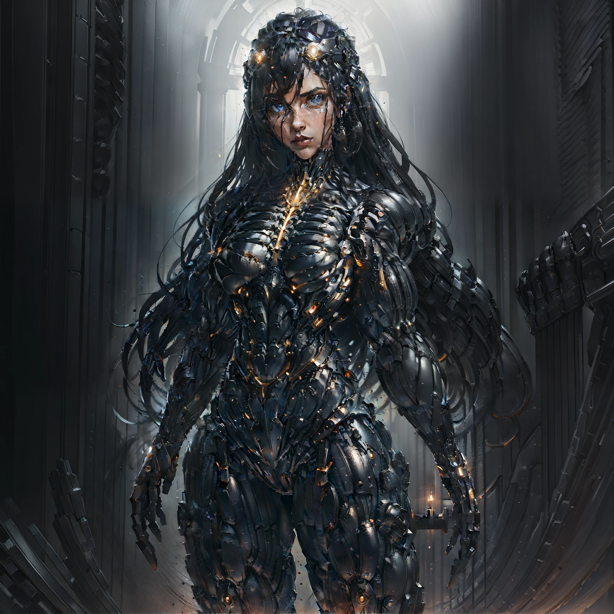 (best quality,4k,8k,highres,masterpiece:1.2),ultra-detailed,(realistic,photorealistic,photo-realistic:1.37),long black hair,fair skin,blue eyes,nanosuit, black leather, fantasy,vivid colors,soft lighting