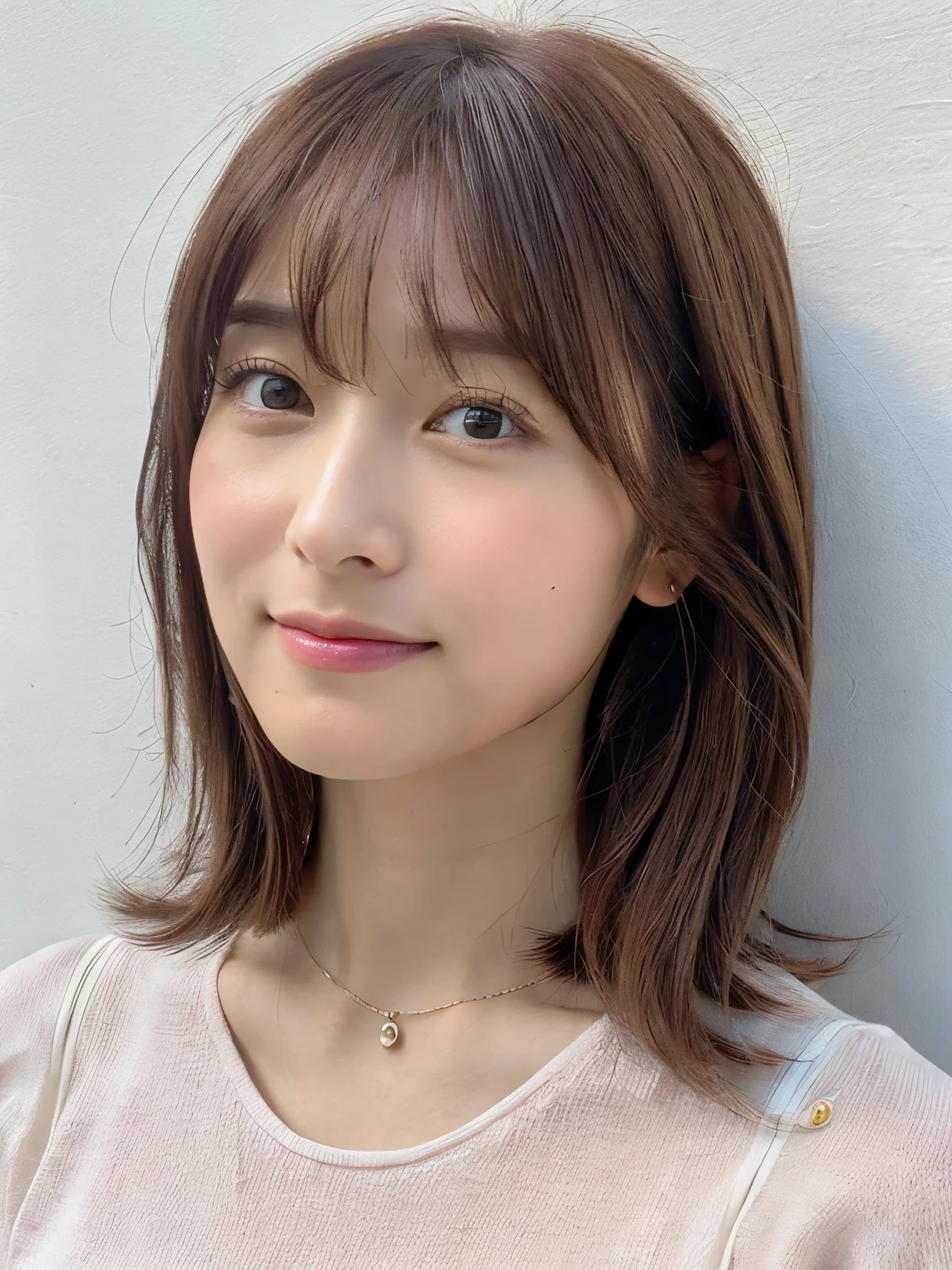 (Highly realistic photos, High resolution, detailed face, fine eyes), ((Taken in front of a white wall))、japanese woman, 40 years old, various expressions, alone:1, slim figure, different hairstyles, casual clothes, Only one person appears in the photo、long sleeve dress、Photographed in natural light、simple necklace、spring clothes、don&#39;t look at the camera、profile、pink brown hair color、bob hair