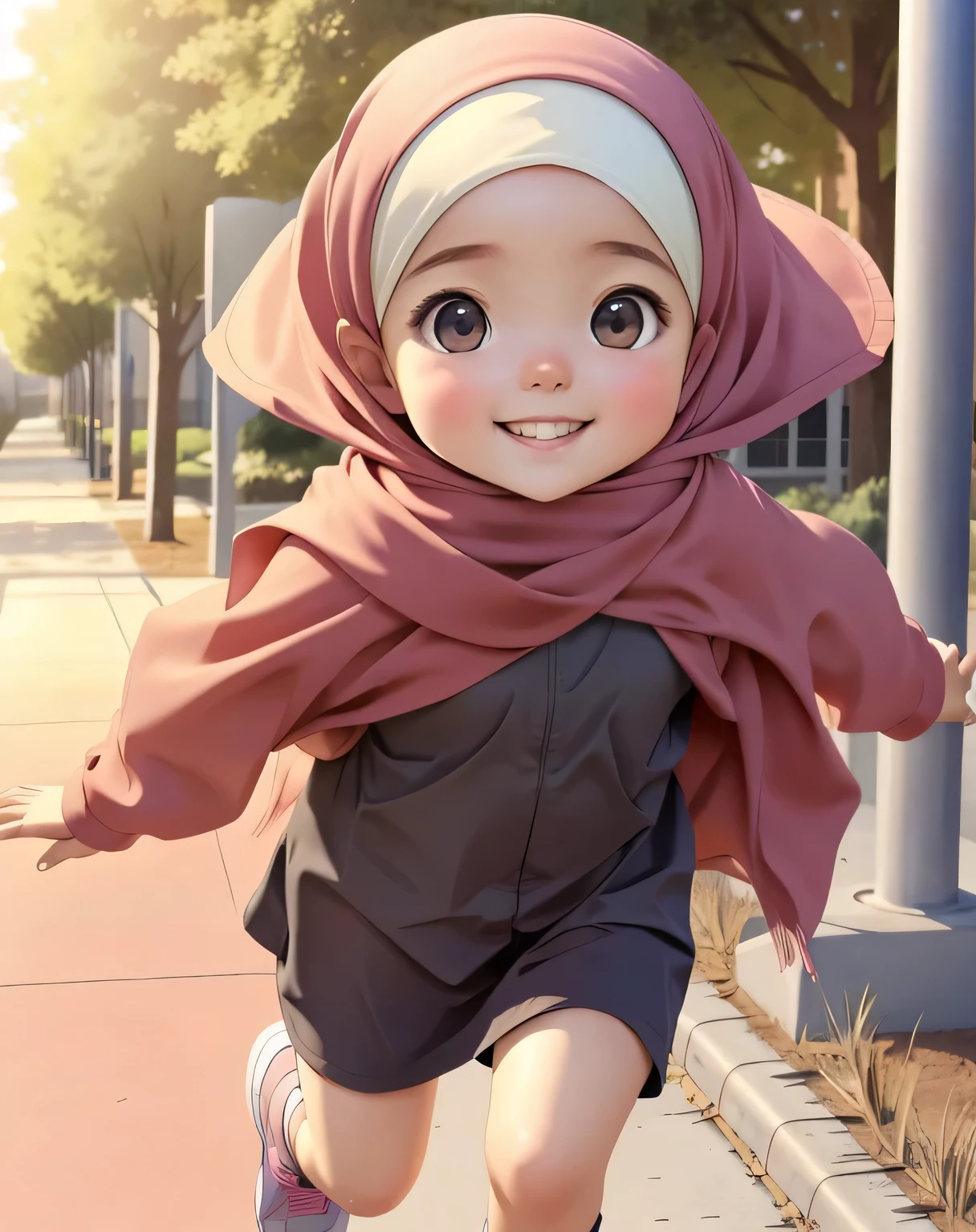 full body pose (best quality,1girl,baby face,smile,cute,carry wearing hijab running to school),illustration,realistic colors,soft lighting